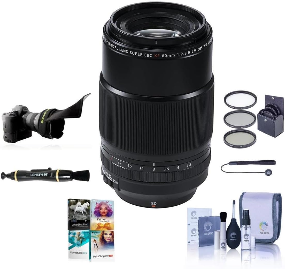 Fujifilm XF 80mm f/2.8 R LM OIS WR Macro Lens, Black, Bundle with 62mm Filter Kit, Flex Lens Shade, Lens Cleaner, Cleaning Kit, Lens Cap Tether, PC Software Kit