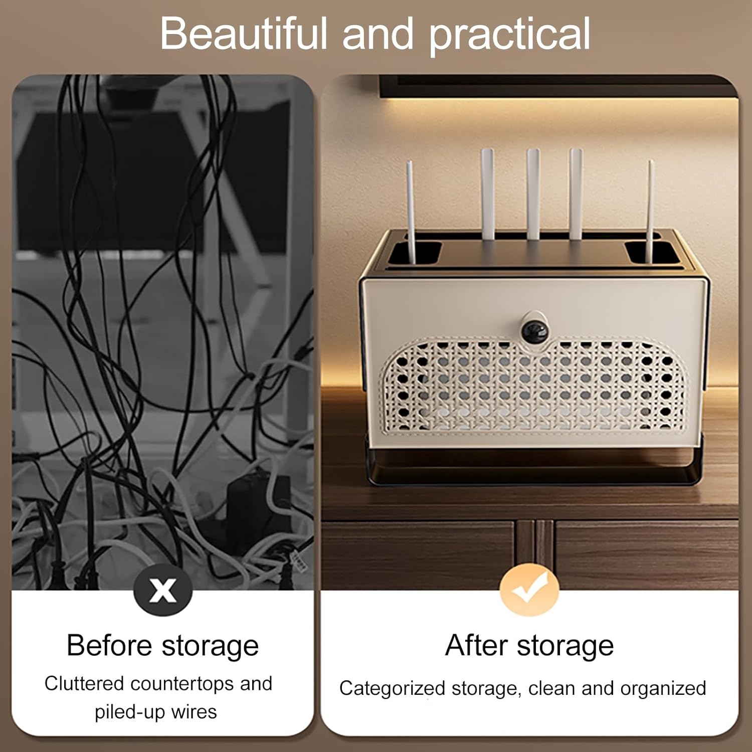 Rattan Router Shelf, WiFi Box Hider with Hollowed-Out, Cable Power Plug Wire Storage Boxes, Rustic Home Organization Solution for Most Routers