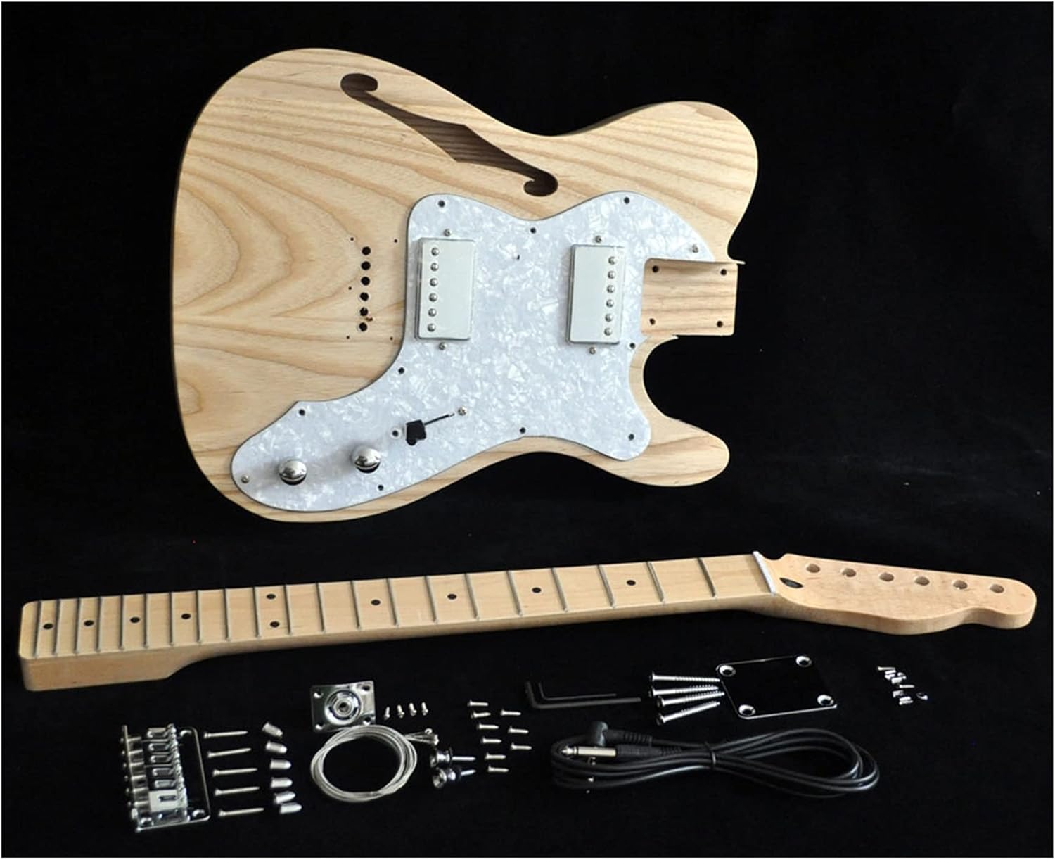 Unfinished Guitar Body DIY Electric Guitar Kit Vintage Thinline Guitar Semi-Hollow Ash Body with F Holes Maple Neck 21 FretsTruss Rod Adjust Guitar DIY Accessory
