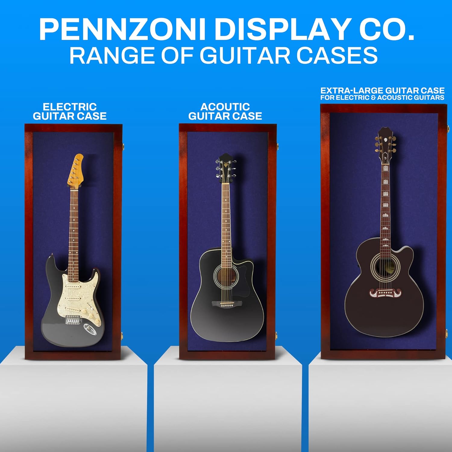 PENNZONI Extra Large Acoustic Guitar Display Case - Wall Mount Display Case for Acoustic/Electric Guitars - Ultra Clear Acoustic Guitar Solid Wood Frame Display Case | Cherry, Blue Felt