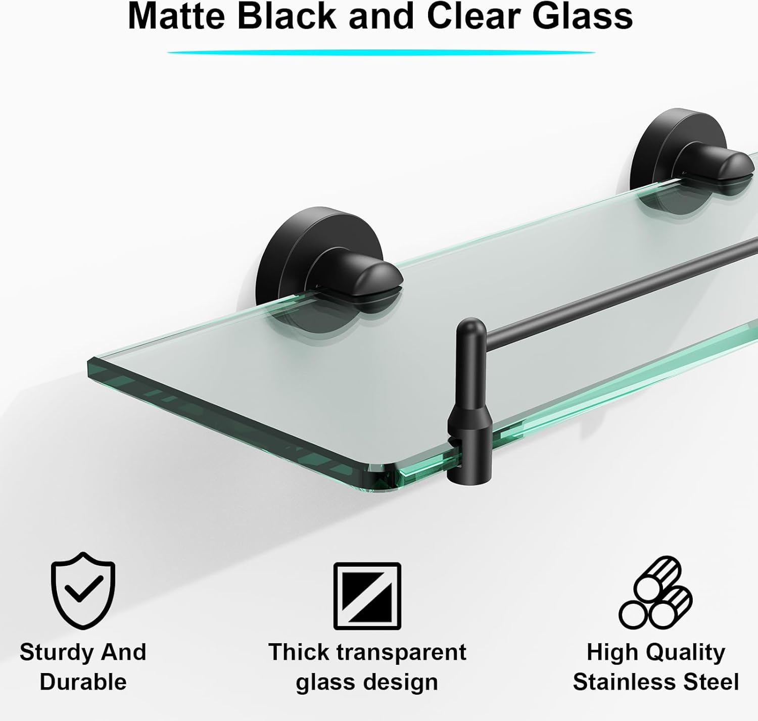 Bathroom Shelf Glass Shelf 2 Pack,16-Inches Floating Glass Shelves Towel Bar/Track(Matte Black)