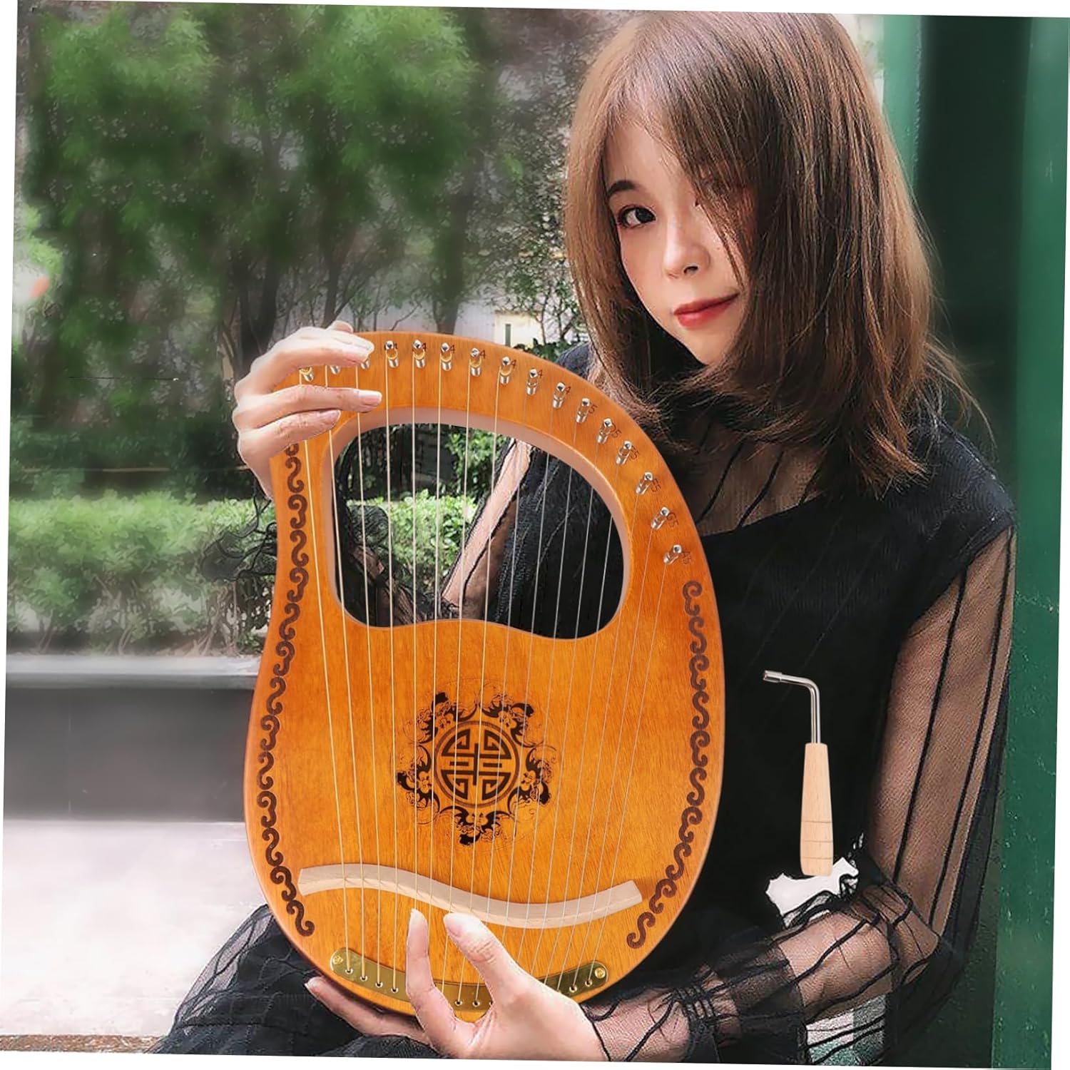 FAVOMOTO String Lyre Harp Portable Ancient Style Music Instrument for Beginners Made of Okoume Wood Includes Tuning Wrench and Decorative Patterns for Musicians and Music