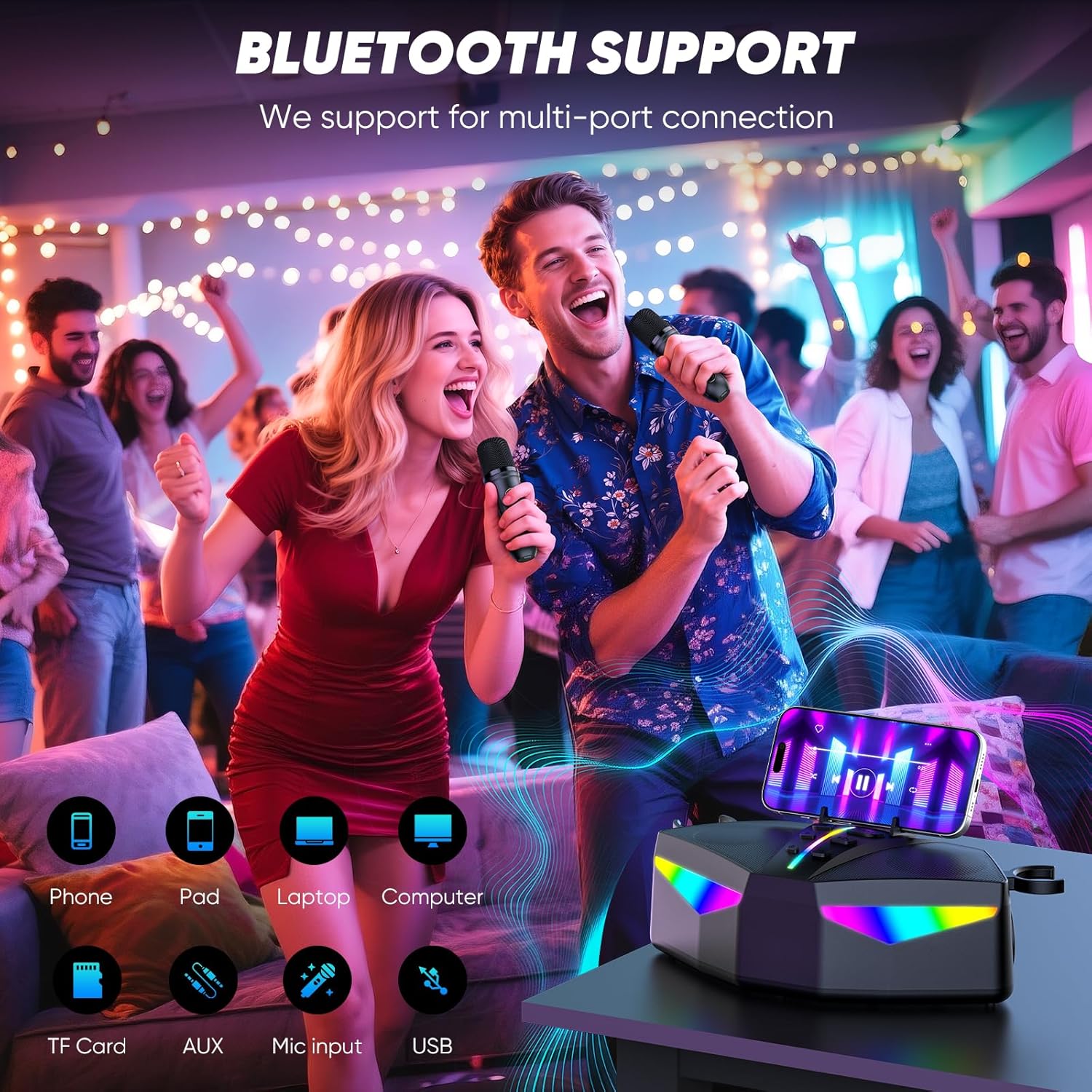 Karaoke Machine, Real 35W Portable Speaker,8H Long Time, 2 Rechargeable Wireless Microphones,LED,Karaoke Machine for Adults & Kids,BT/FM/USB/TF/AUX,for Home Party/Outdoors(CHJ161-Black)