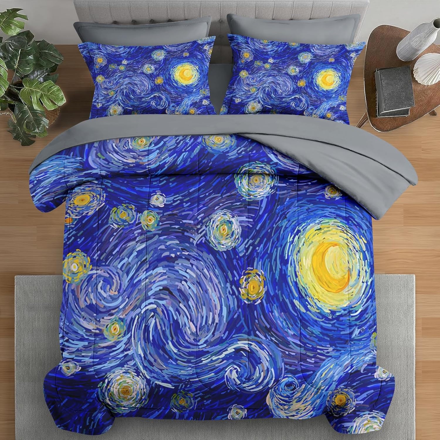 Comforter Set Queen Size, Moon Starry Night 7 Pcs Bedding for Kids and Adults, Blue Modern Star Sky Art Bed Sheet Sets with Fitted Sheet 2 Pillowcase & 2 Sham for Bedroom Bed Decor