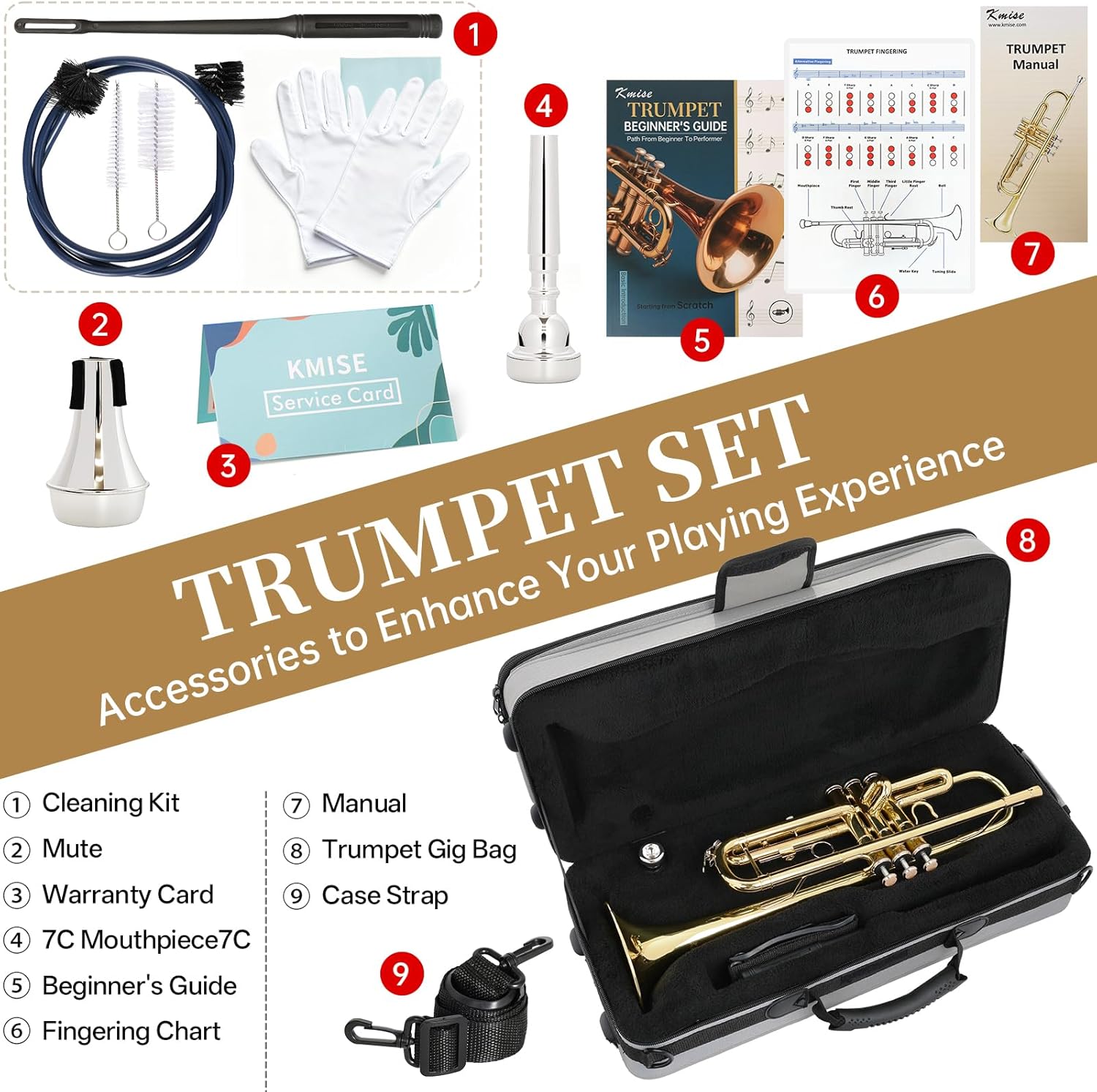 Kmise Bb Standard Trumpet, Premium Brass Trumpets for Student Beginner, Trumpet Instrument Set with Upgraded Case, 7C Mouthpiece, Mute, Beginner's Guide Kit, Cleaning Kit (Gold)