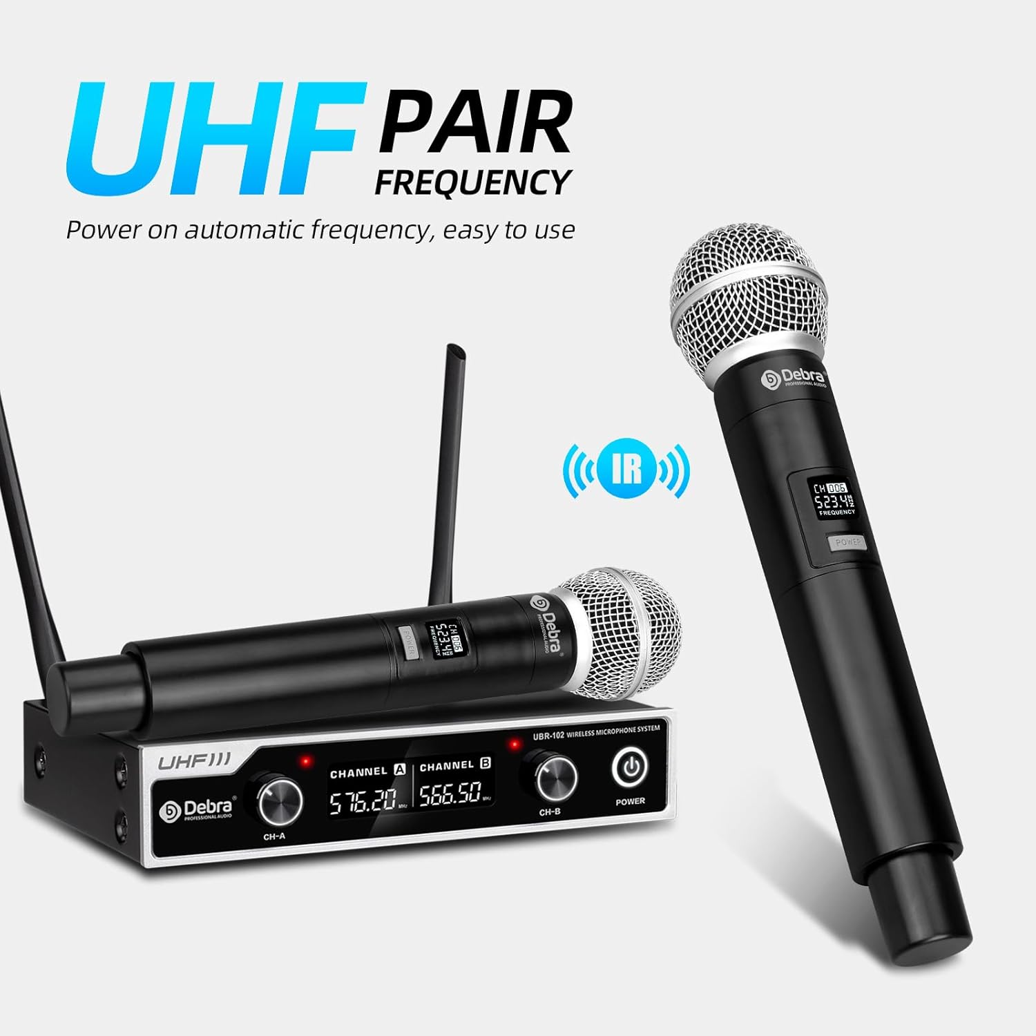 D Debra Wireless Microphone System UHF UBR-102 with Cordless Handheld Lavalier Headset Mics, 260ft Range, Suitable for Church, Lectures, Karaoke, Weddings, DJ, and Bars(2 Handheld)