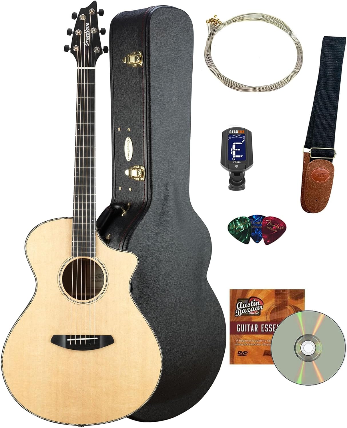 Breedlove Oregon Concert CE Acoustic-Electric Guitar - Natural Sitka & Myrtlewood Bundle with Hardshell Case, Tuner, Guitar Strap, Strings, Picks, and Austin Bazaar Guitar Essentials DVD