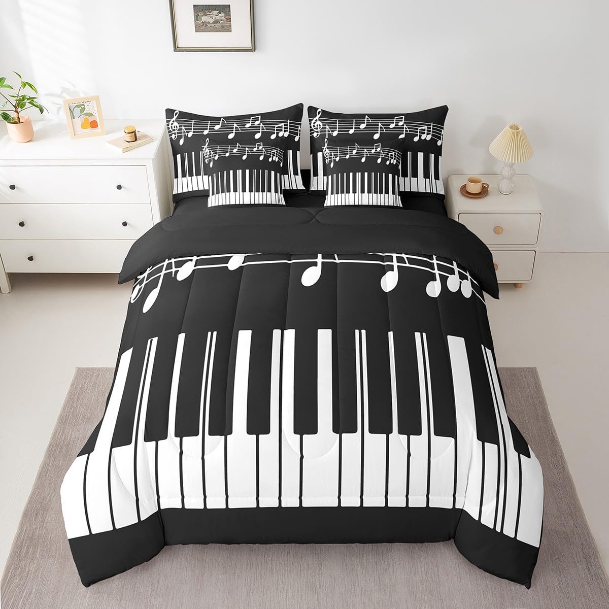 Castle Fairy Music Theme Queen 7 Pcs Bedding Sets Black White Piano Keyboard Comforter Set for Kids Teens Adults All Season (Comforter Flat Sheet Fitted Sheet 2 Pillowcases 2 Throw Pillow Covers)