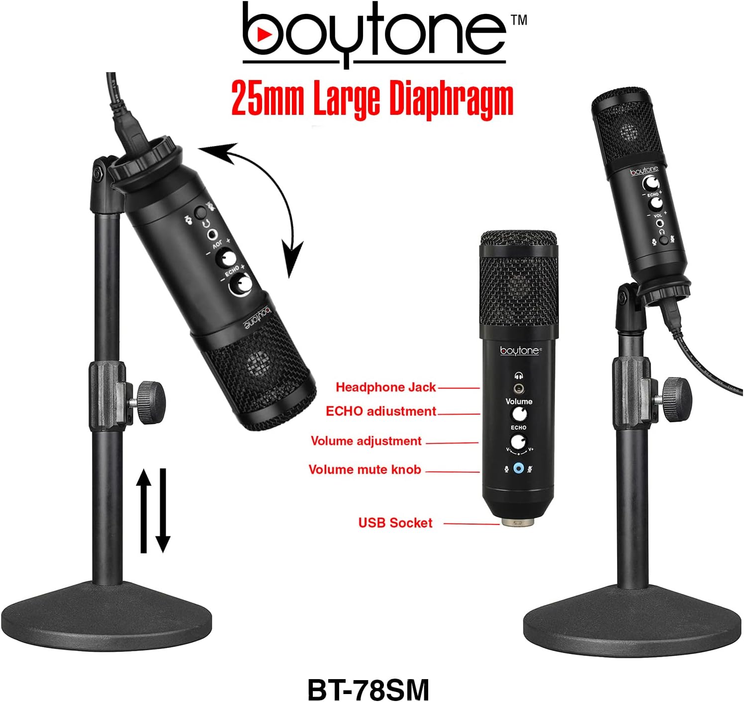 Boytone, Professional Cardioid Studio Recording Mic 25mm Diaphragm USB Microphone Streaming Vocal Recording, Podcasting Condenser Microphone for PC and Mac, Quality Sound, Plug & Play (BT-78SM)