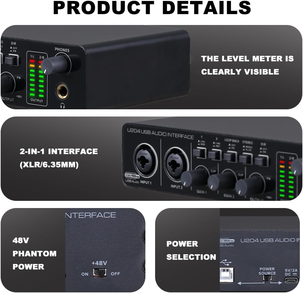 BOMGE U204 USB Audio Interface for PC Computer Recording Music, 2x2 Guitar Audio Interface for Mac 32Bit/192kHz Podcasting Streaming for Vocalist Producer with 48V Phantom