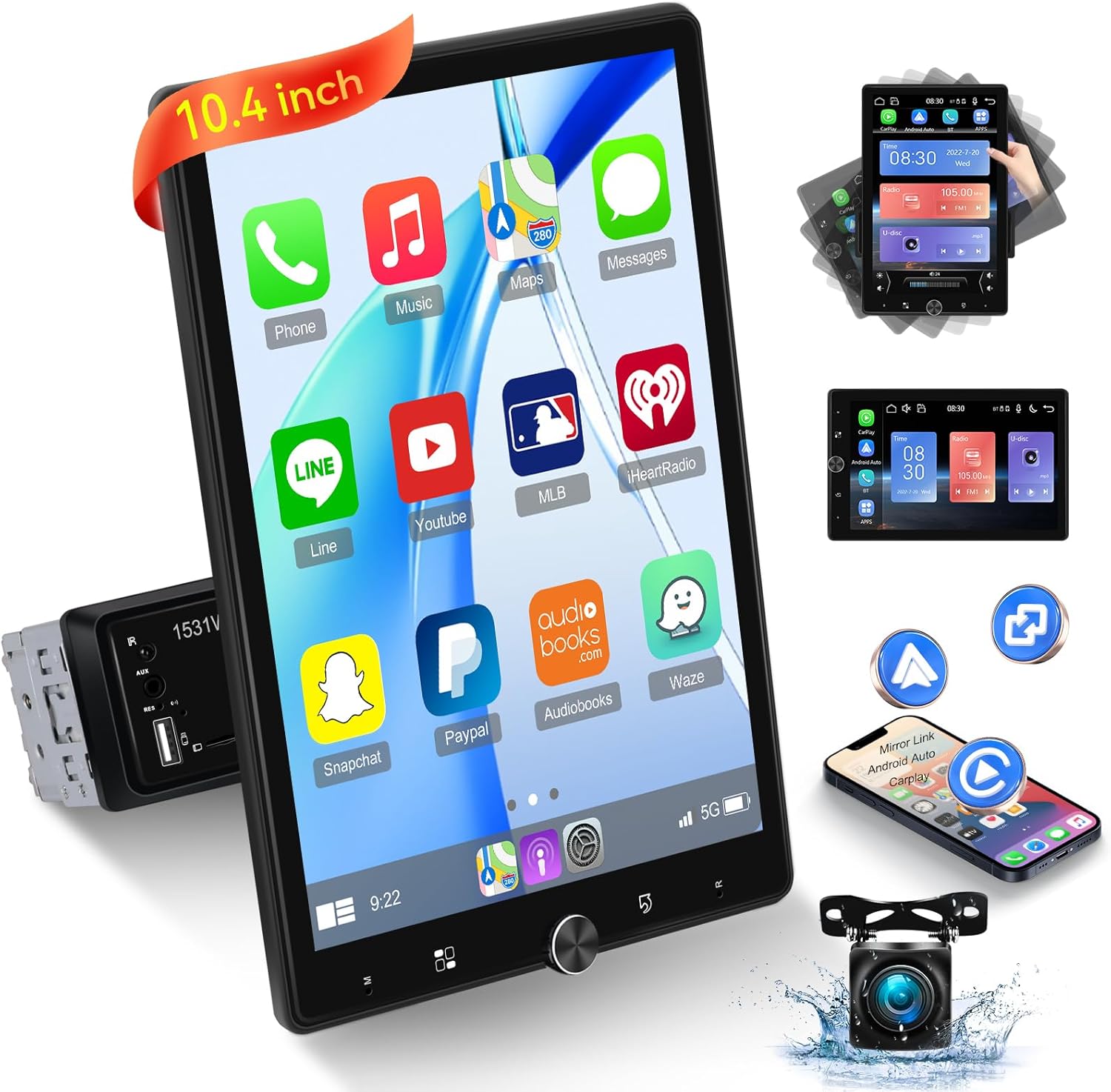 NHOPEEW 10.4 inch Single Din 1280 * 800P HD Touchscreen Car Stereo with Wireless Carplay and Android Auto, Manual Rotating Screen Radio with Mirror Link, Bluetooth, FM Radio, SWC + AHD Backup Camera