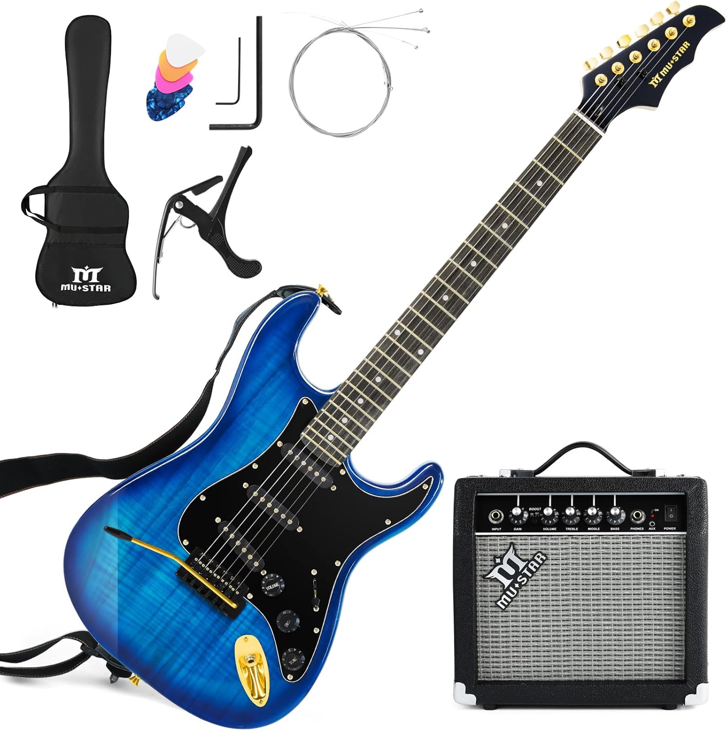 MUSTAR Electric Guitar Kit with 25W Amplifier, 39 Inch Full Size Solid Wood Electric Guitar Beginner Kits, Gig Bag, Capo, Strap, Cable, Picks, Birthday Holiday Gifts (BLUE)