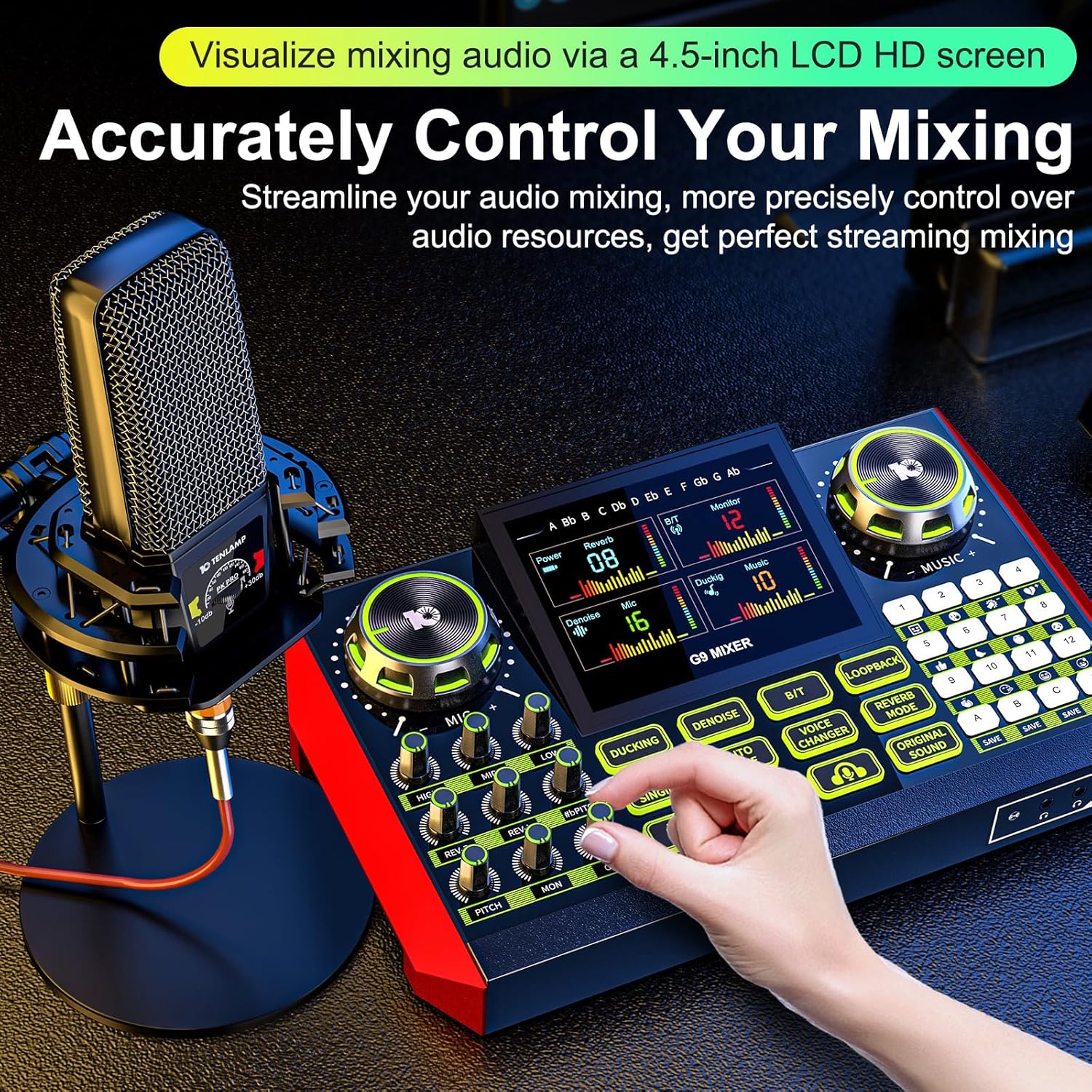 Podcast equipment bundle with live sound card audio mixer, podcast equipment with 3.5mm microphone, soundboard for phone, computer, live streaming, singing, recording, and content creation.