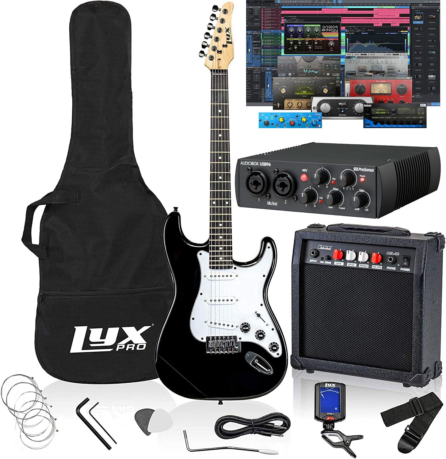 LyxPro Full Size Electric Guitar Black with 20w Amp Package with Presonus AudioBox 96 USB 2.0 Audio Interface Studio Bundle with Studio One Artist Software Pack