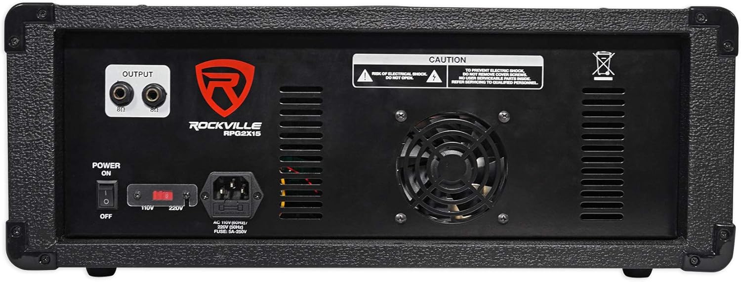 Rockville RPG2X15 Bundle: (2) 15 in Passive PA Speakers, 8-Channel Powered Mixer, Bluetooth, USB/SD, (2) Tripod Stands, (2) Wired Microphones, (2) 10 ft Speaker Cables, 9-Items