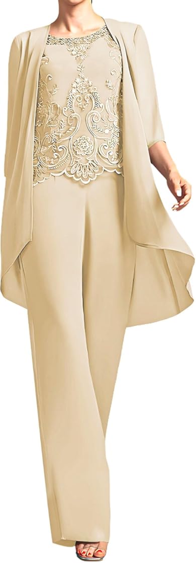 3 Pieces Mother of The Bride Pant Suits - 3/4 Sleeve Lace Chiffon Formal Jumpsuits for Women