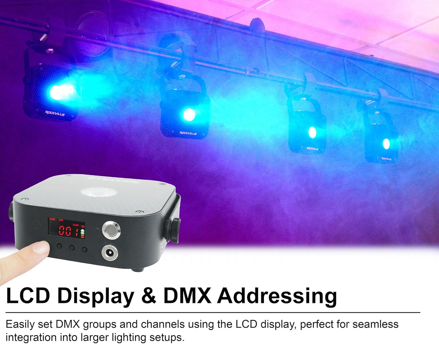 Rockville 4 Pack MINI RF1 V3 Black LED Wash Up Light, RGBWA+UV, Compact, App, Remote, LCD, Wireless DMX, Rechargeable, Perfect for DJ/Party Lighting