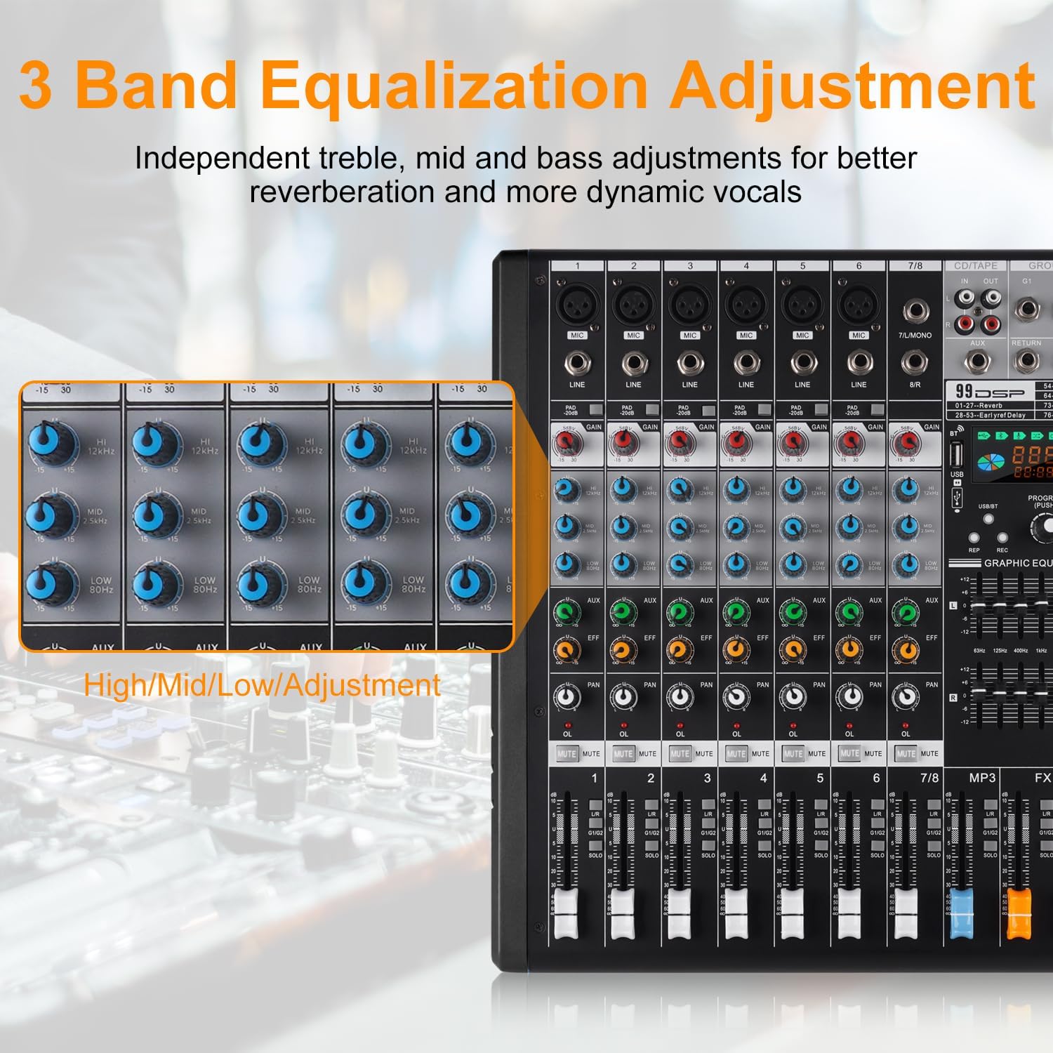 EX8 8-Channel Mixer and Sound Card Interface with Bluetooth/MP3, Dual 7 Band EQ+99 Reverb Effect for Home Studio, Podcast, Live - Desktop Digital Mixer Console for PC/DAW Recording