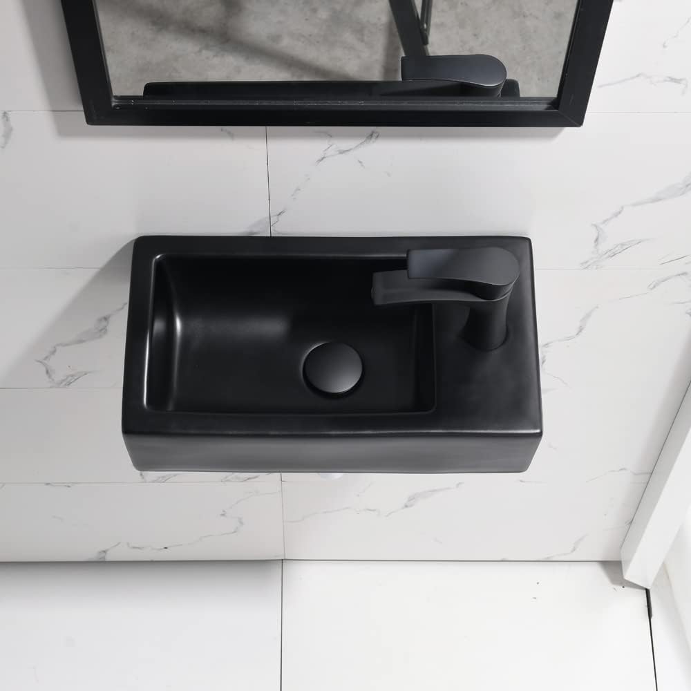 Wall Mount Corner Bathroom Sink with Faucet-Bokaiya 18 Inch Small Bathroom Sink Matte Black Porcelain Ceramic Cloakroom Mini Wall Mount Floating Vessel Sink with Faucet and Drain Combo, Right Hand