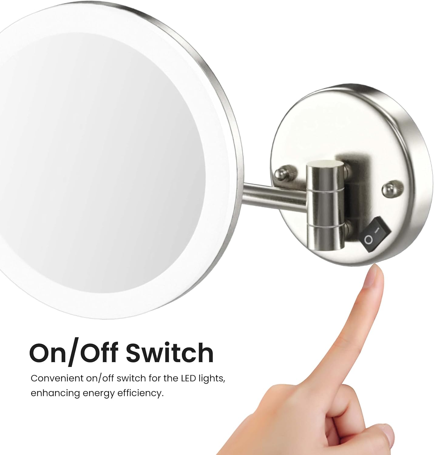 KIBI LED Wall Mount Makeup Mirror, 5X Magnification, One-Sided, Circular Lighted Mirror with Adjustable Arm | Magnifying Vanity Mirror with Light for Bathroom or Bedroom (Brushed Nickel, KMM102)