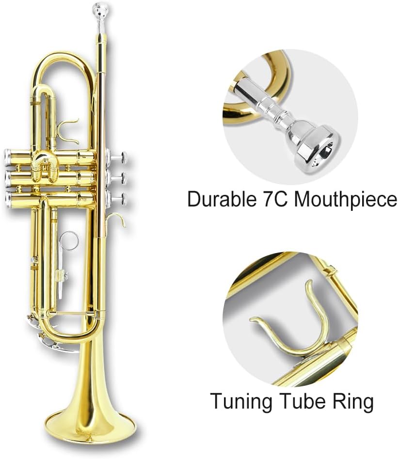 Bb Standard Trumpet Set for Beginners or students trumpet instrument with Carrying Hard Case 7C Mouthpiece Cleaning Cloth Gloves