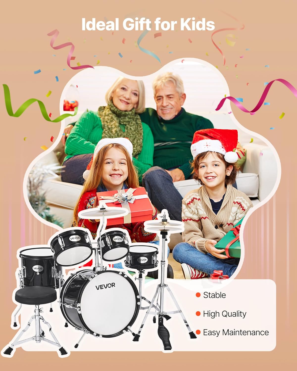 VEVOR Kids Drum Set, 5-Piece 14 in Junior Drum Sets, Beginner Drums Set with Adjustable Throne, Cymbal & Two Pairs of Drumsticks, Musical Learning Drums Instruments Kit, for Children Ages 6-13(Black)