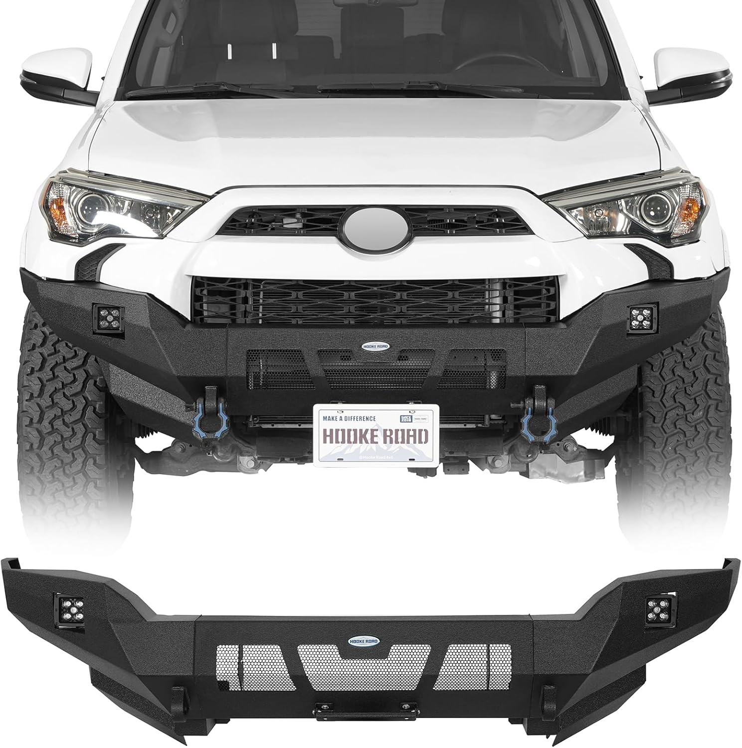 Hooke Road 4Runner Front Bumper for 2014-2024 Toyota 4Runner 5th Gen, Full Width Steel Bumper Guard with 2×25W Bright Lights & D-ring Mounts