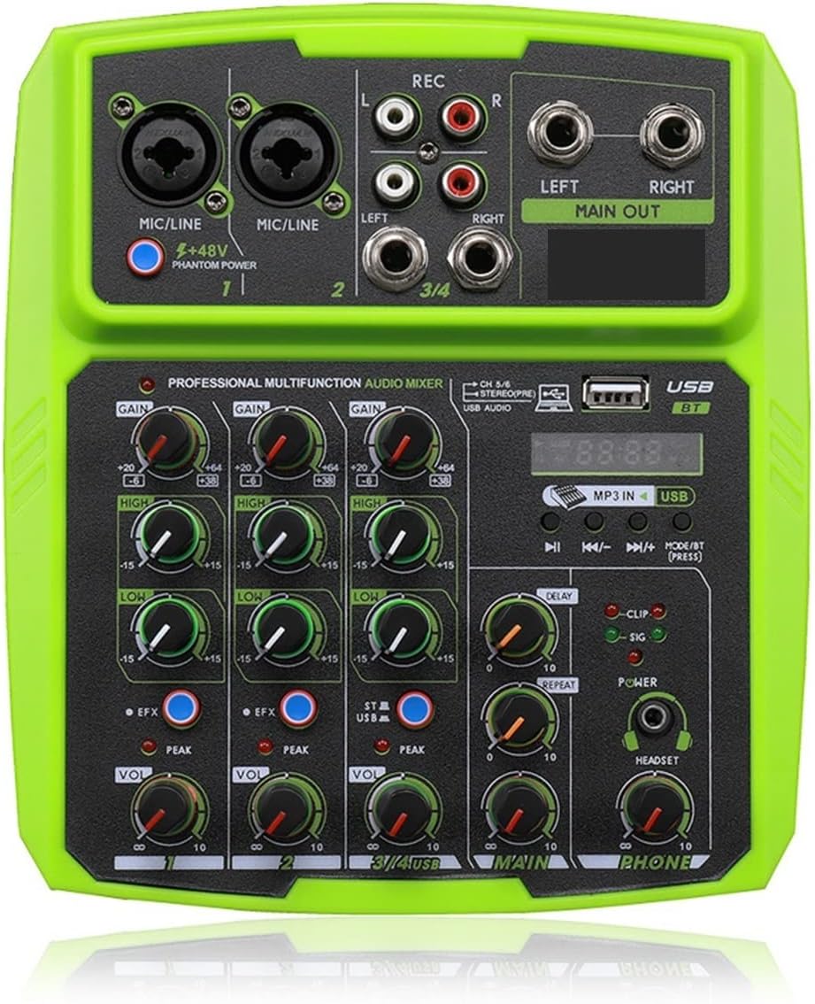 Audio Mixer, 4 Channels Sound Mixer Interface Professional Studio Recording Sound Card Mixing Console Microphone 48V Phantom Power Audio Quality,Groen-L