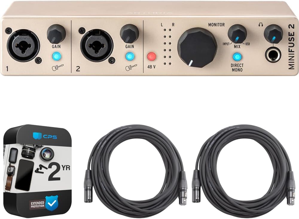 Arturia MiniFuse 2 USB-C Audio Interface, Champagne 800122 Bundle with 2 YR CPS Enhanced Protection Pack and 2x OnStage 25ft XLR Cable