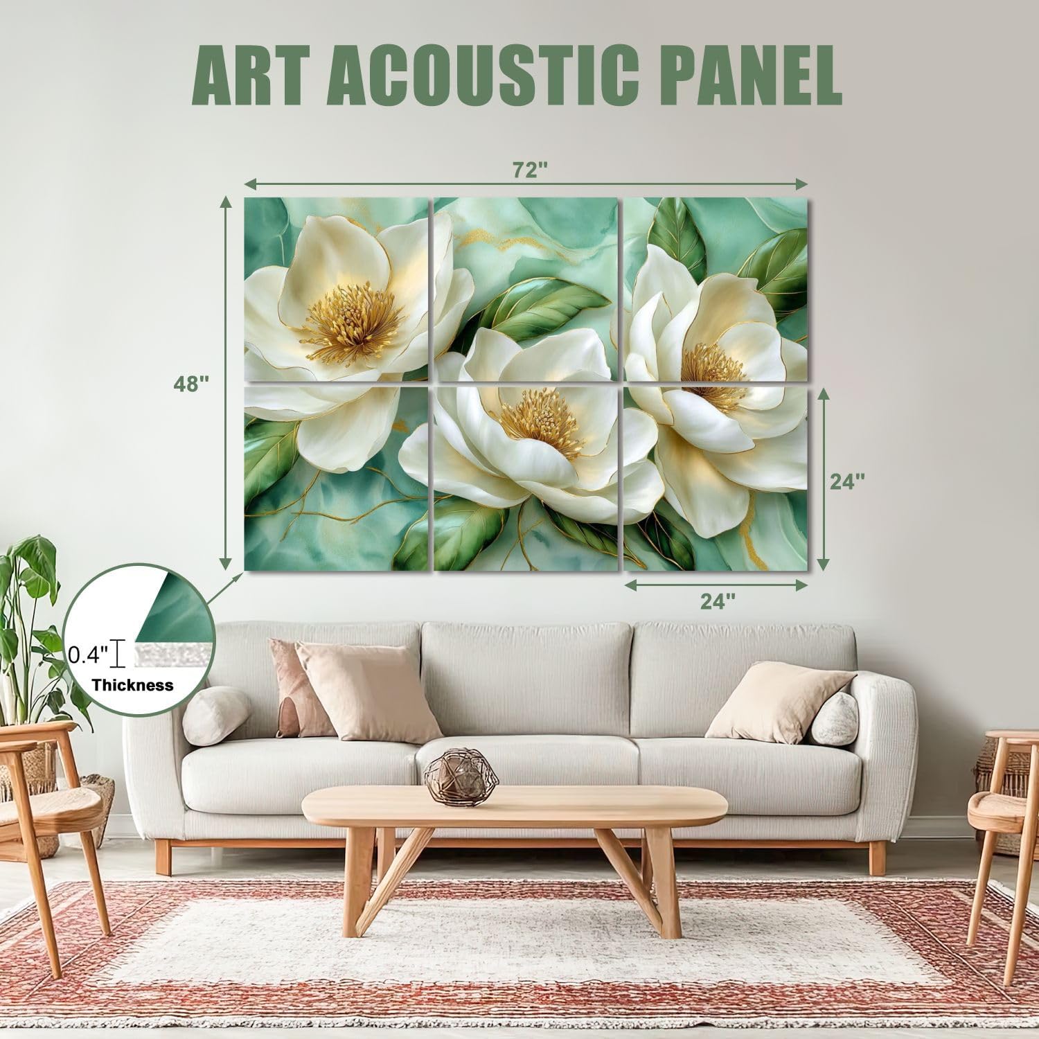 6 Pack Art Acoustic Panels Sound Absorbing Vintage Marble Floral Gold Green White Metal Flowers Magnolia Accents Decorative Soundproof Wall Panels Self Adhesive for Recording Studios Office 72