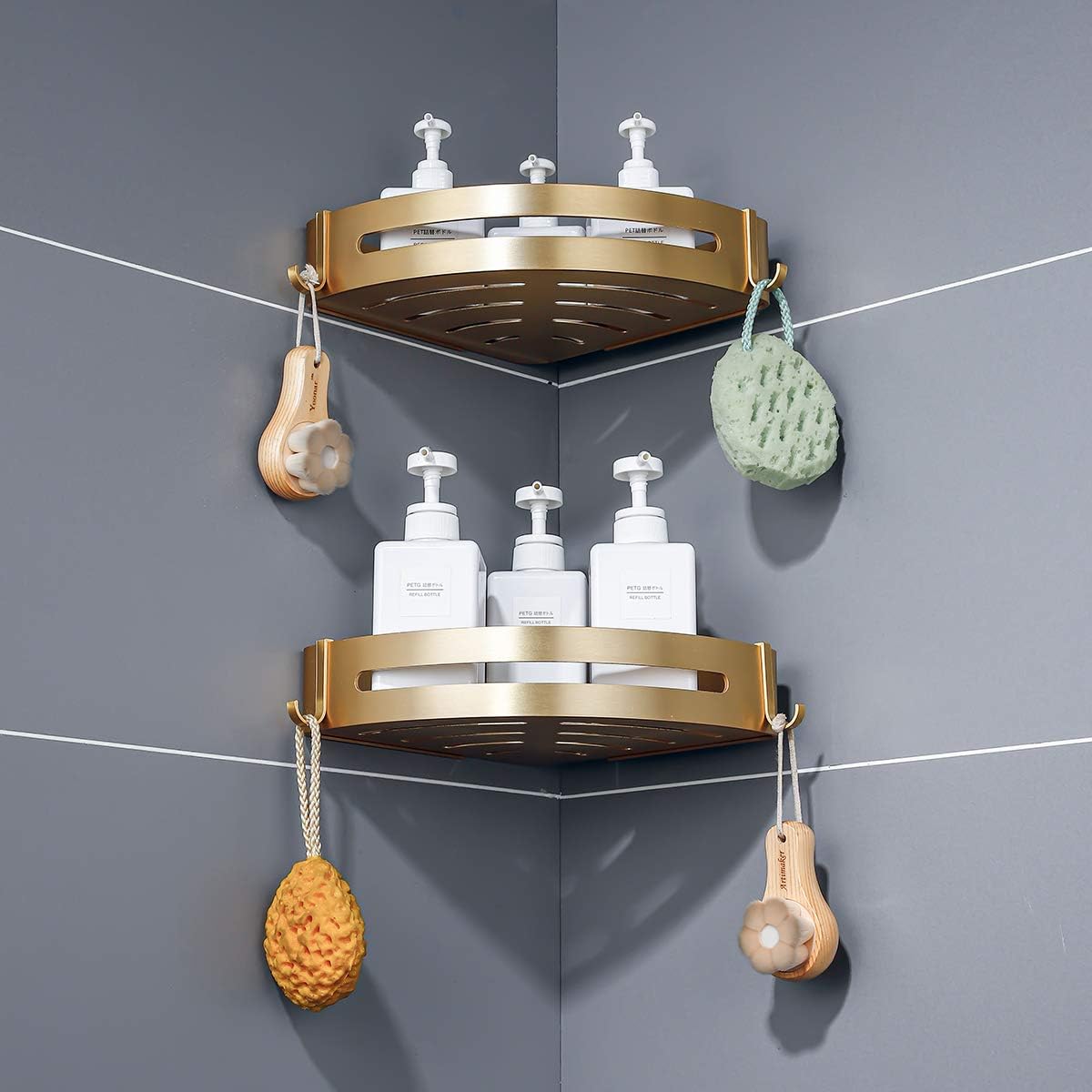 Brushed Gold Bathroom Corner Shelves Wall Mount Shower Caddy with Hooks and Shampoo Holder 2 Pack Drilling or Adhesive Installation