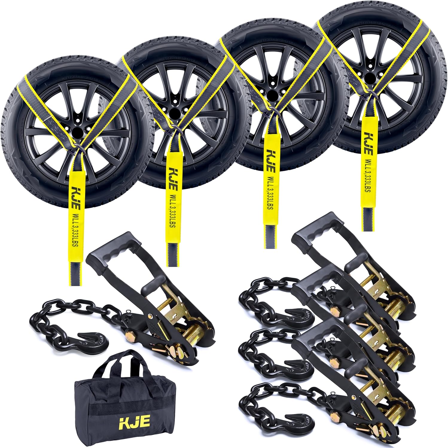KJE 4 Pack Reflective Car Tie Down Straps for Trailers - Tire Ratchet Strap with Chain Anchors - 2