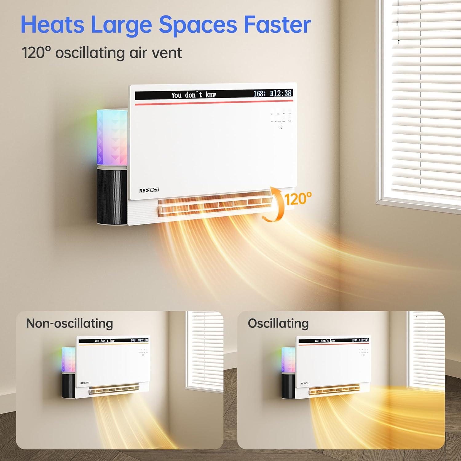 Smart Panel Heater 1800W with Bluetooth Speaker - 6-in-1 Heater Fan, Lyric Display, RGB Lights, App/Voice/Remote/Touch Control, Wall Mount or Freestanding, Compatible with Alexa（White）