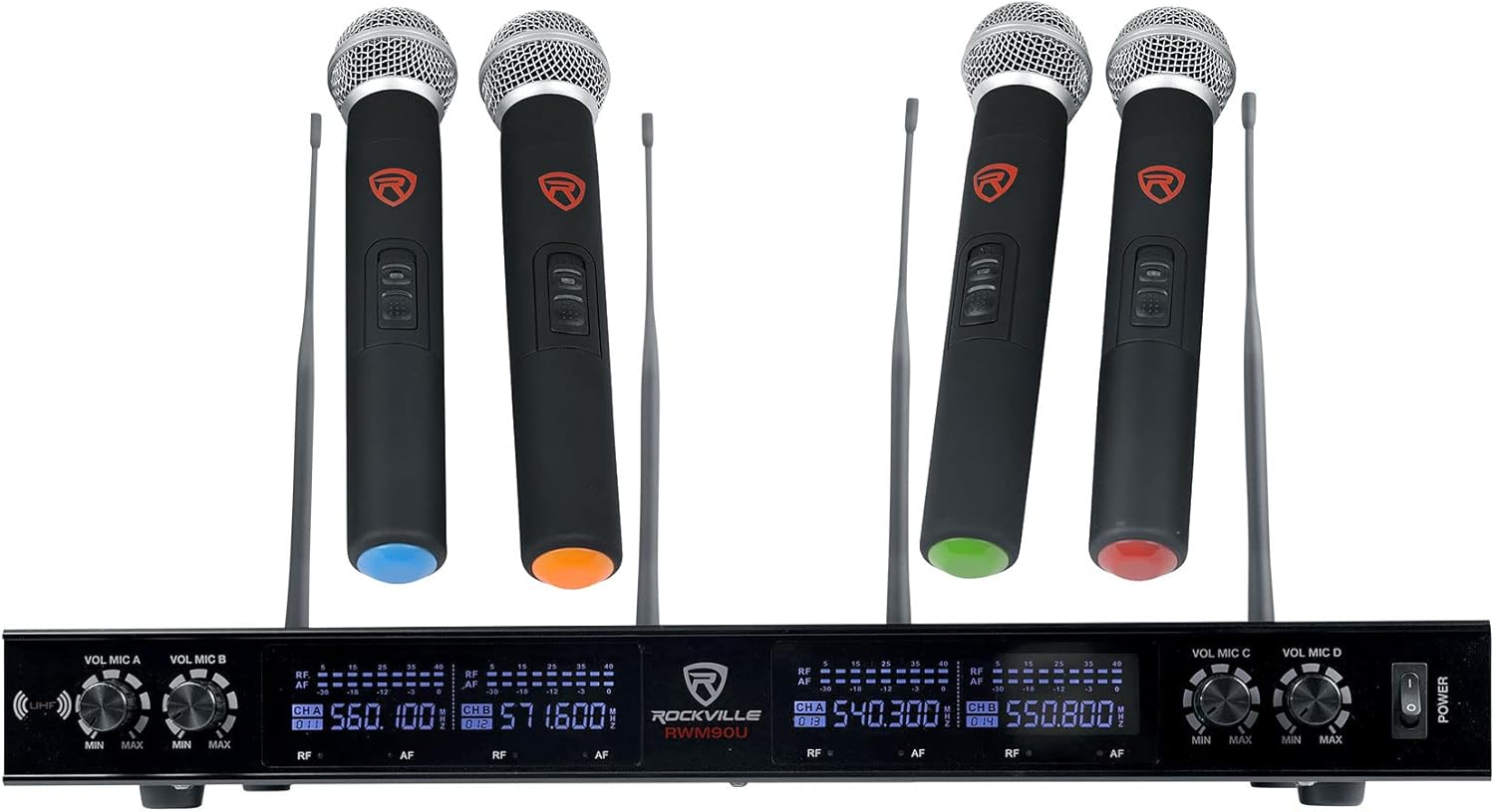 Rockville RWM90U Quad UHF Wireless Microphone System (4 Mics), LCD Display, Metal Casing, 467-491 MHz, 400 ft Range Indoor, Automatic Pairing, for Events and Performances