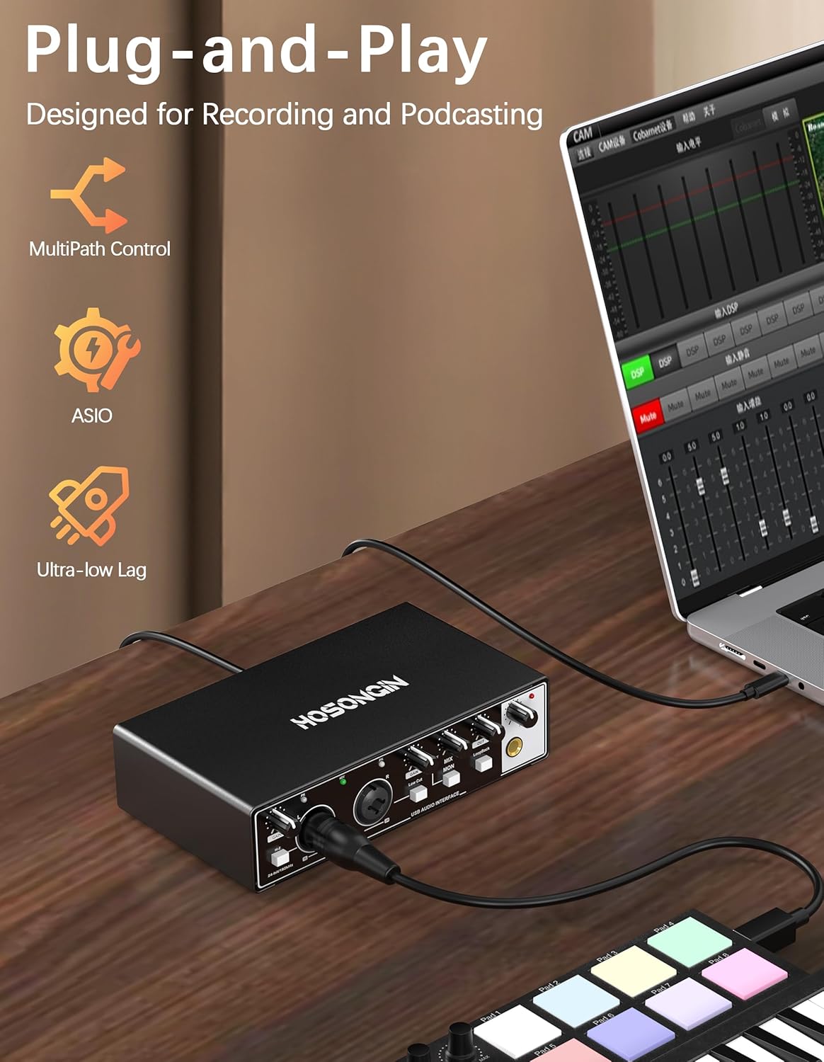 HOSONGIN USB Audio Interface for Beginners - 24Bit/192kHz, 48V Phantom Power, Plug & Play Recording for Podcast/Vocals/Guitar/Youtube, PC/Mac/iOS Compatible (Black Metal)