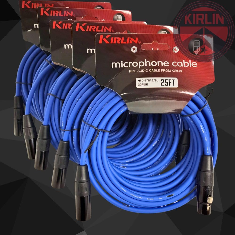 KIRLIN 5-Pack XLR 20AWG Microphone Cable 25 Feet, Blue PVC Jacket. Ideal for Studio Monitors, Audio Mixers, PA Systems, DMX Stage Lights, Amplifier, Camara, Speaker, & Equalizer., MPC-270 PB-25/BL