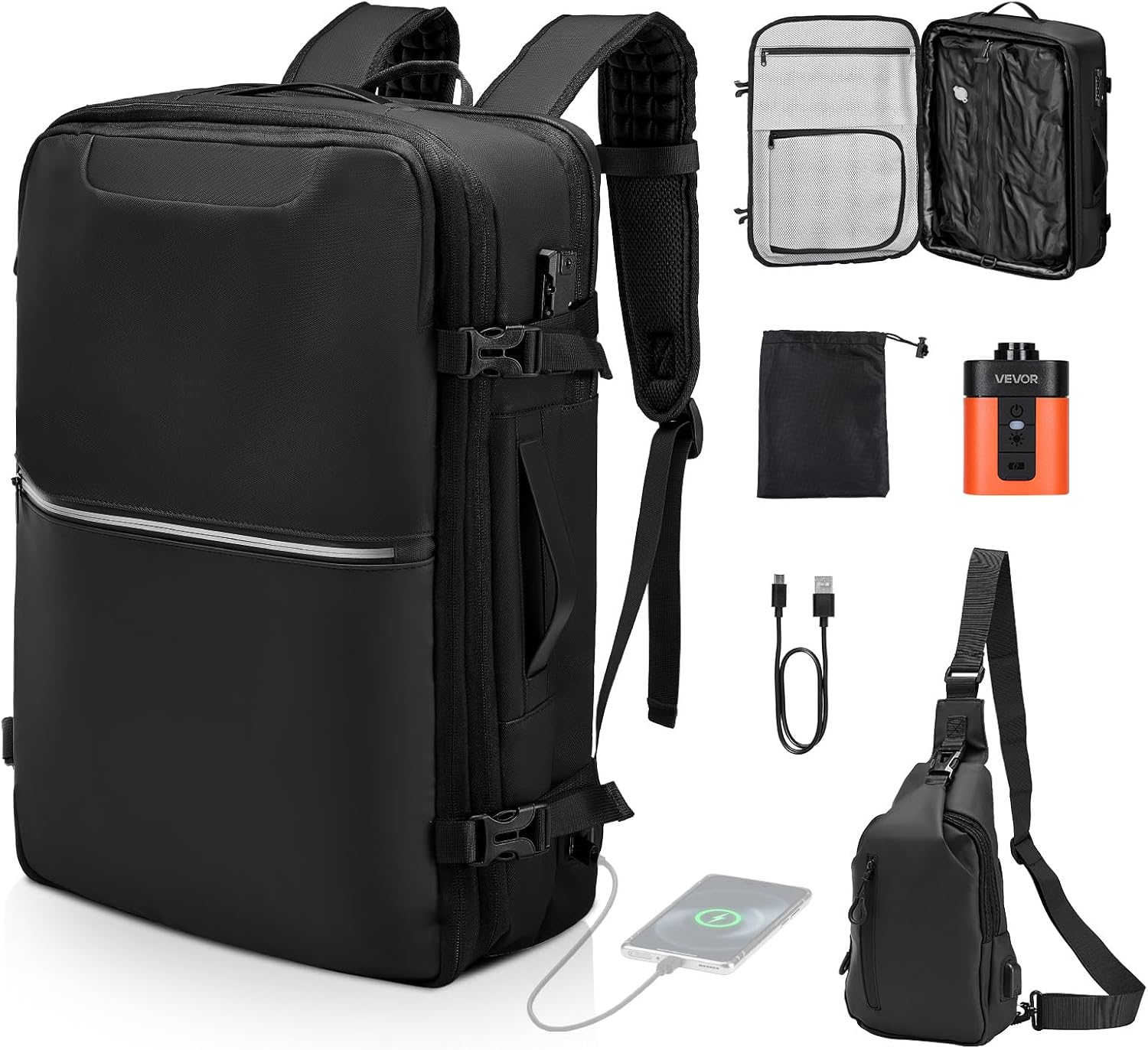 VEVOR Vacuum Travel Backpack, 80L, Expandable Vacuum Seal Compression Travel Backpack with Pump, with TSA-Approved Lock, Airback Vacpack, Water-Resistant Carry-On Suitcase Luggage, for Business, Black