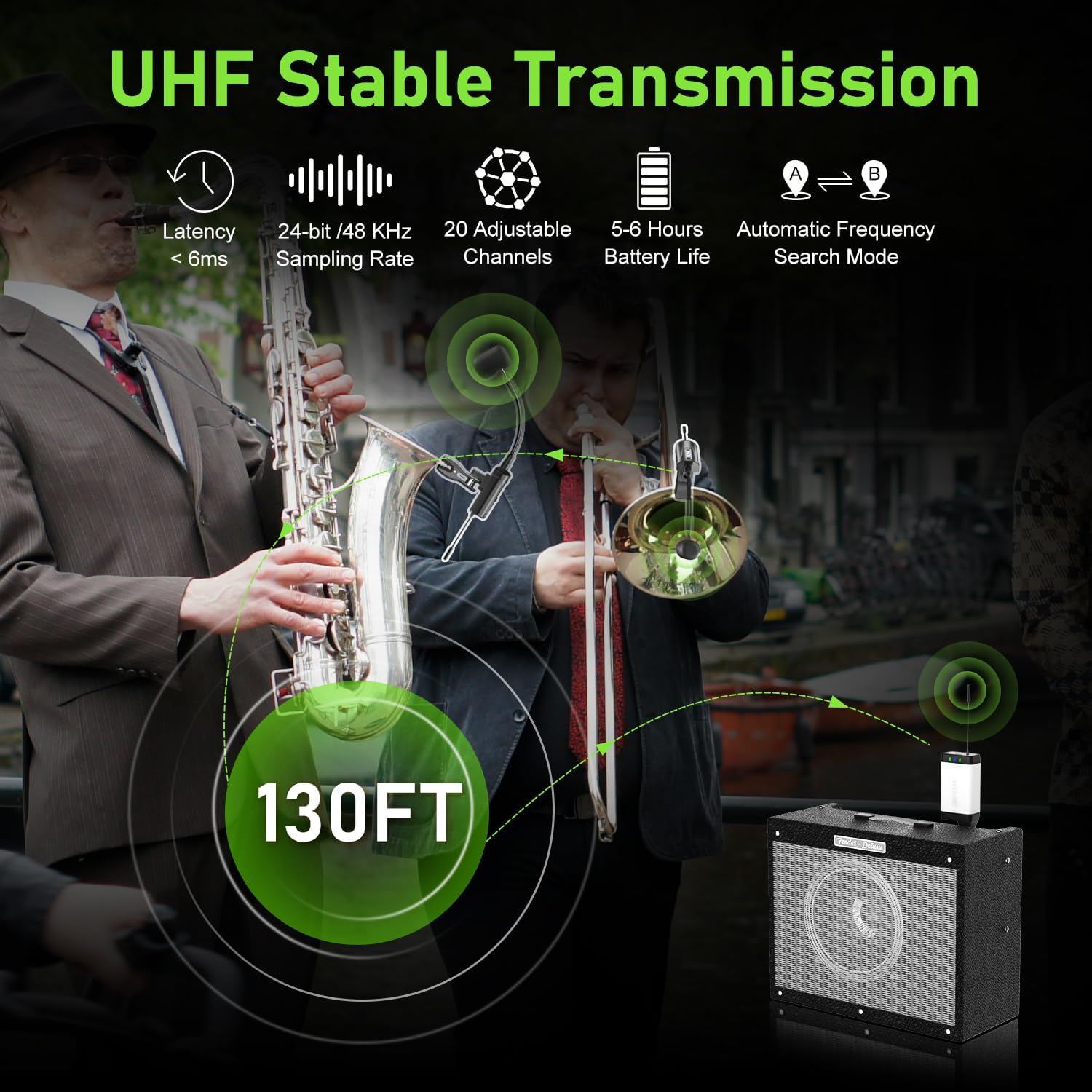 Dual UHF Saxophone Wireless Sax Microphone Instrument UHF Condenser Pick Up Clip-on Mic 1 Receiver and 2 Transmitter System for Saxophone French Horn Trumpet Trumbone,Q2/ST-5