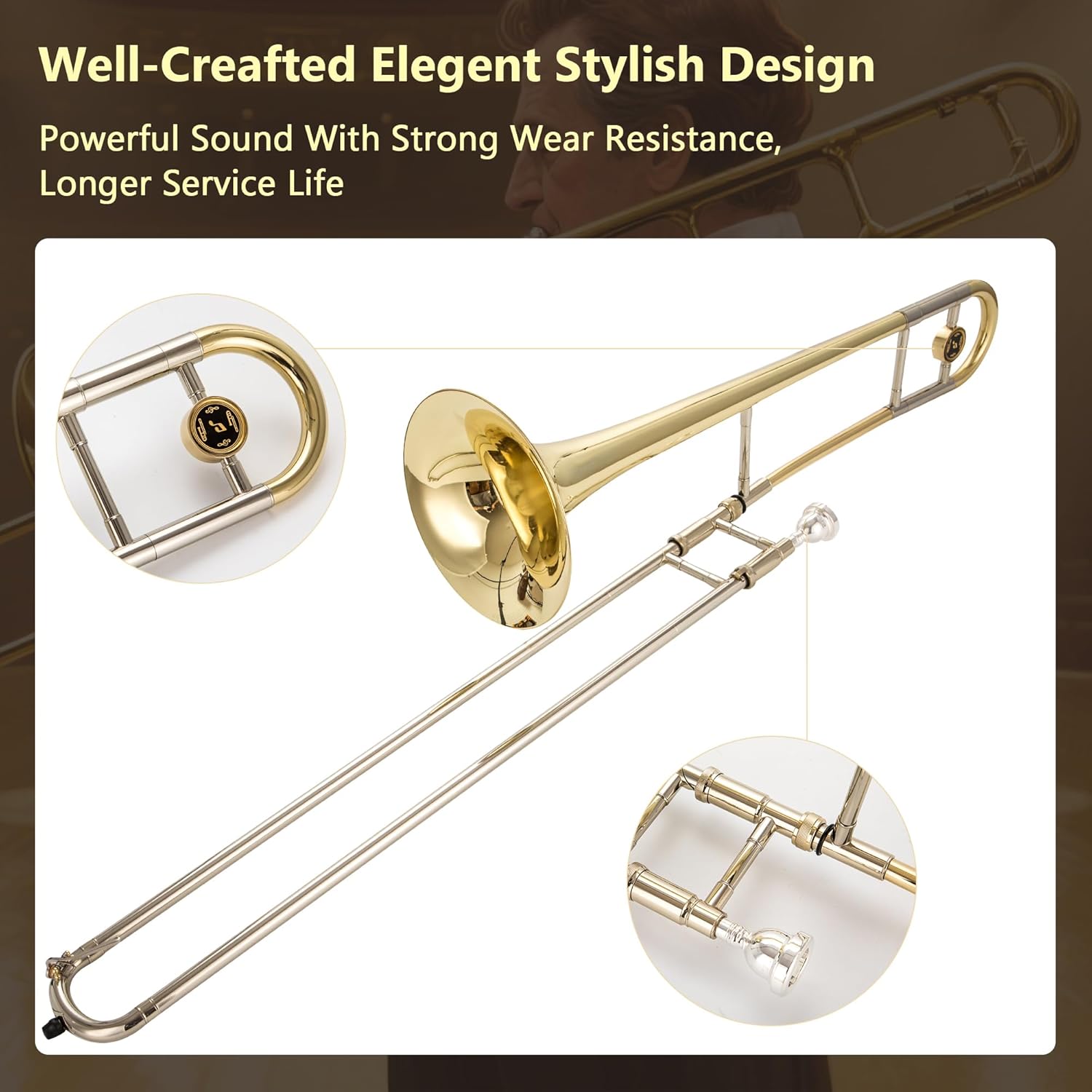 Bb Tenor Slide Trombone for Students Beginners, B Flat Brass Plated Trombone Instrument with Hard Case Mouthpiece White Gloves and Cleaning Kit (Gold)