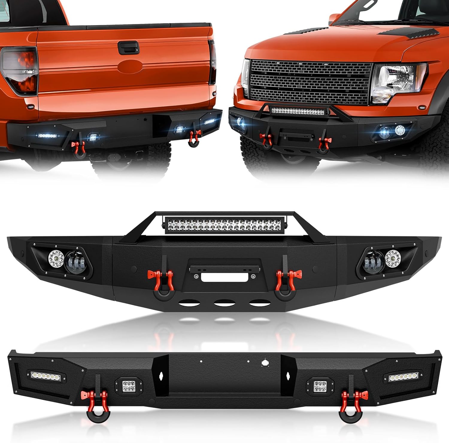 SUORTO Front and Rear Bumpers Compatible with 2010 2011 2012 2013 2014 Ford F-150 F150 SVT Raptor with Winch Plate, 9 x LED Lights, License Plate Bracket, Sensor Holes, Paintable Armor & D-rings