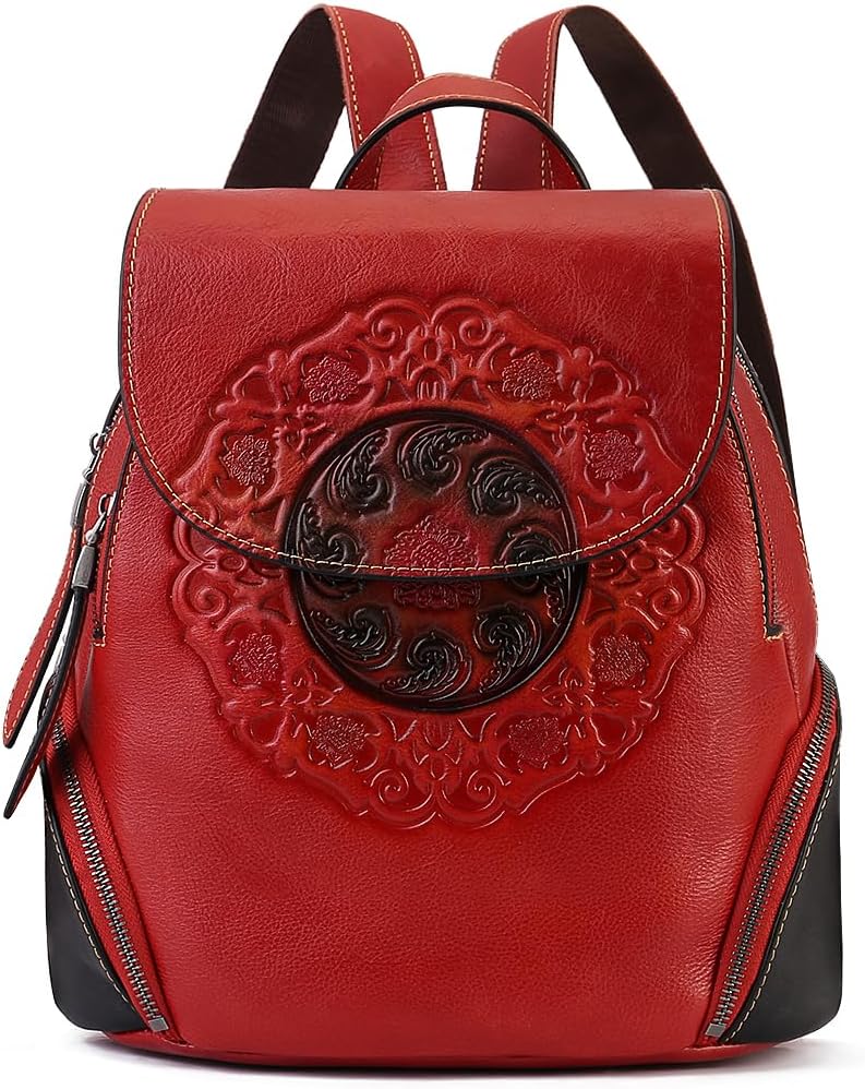 Small Travel backpack purse for women Genuine Leather Anti Theft Backpack with USB Charging Port Fashion Vintage Embossed Totem Backpacks Red
