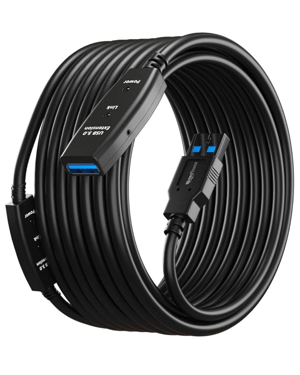 50 Feet Active USB Extension Cable 3.0 Male to Female with 2 Extension chipsets Signal Booster - Active Extension/Repeater Cord 15 Meters / 50 Feet (AC Power Supply Included)