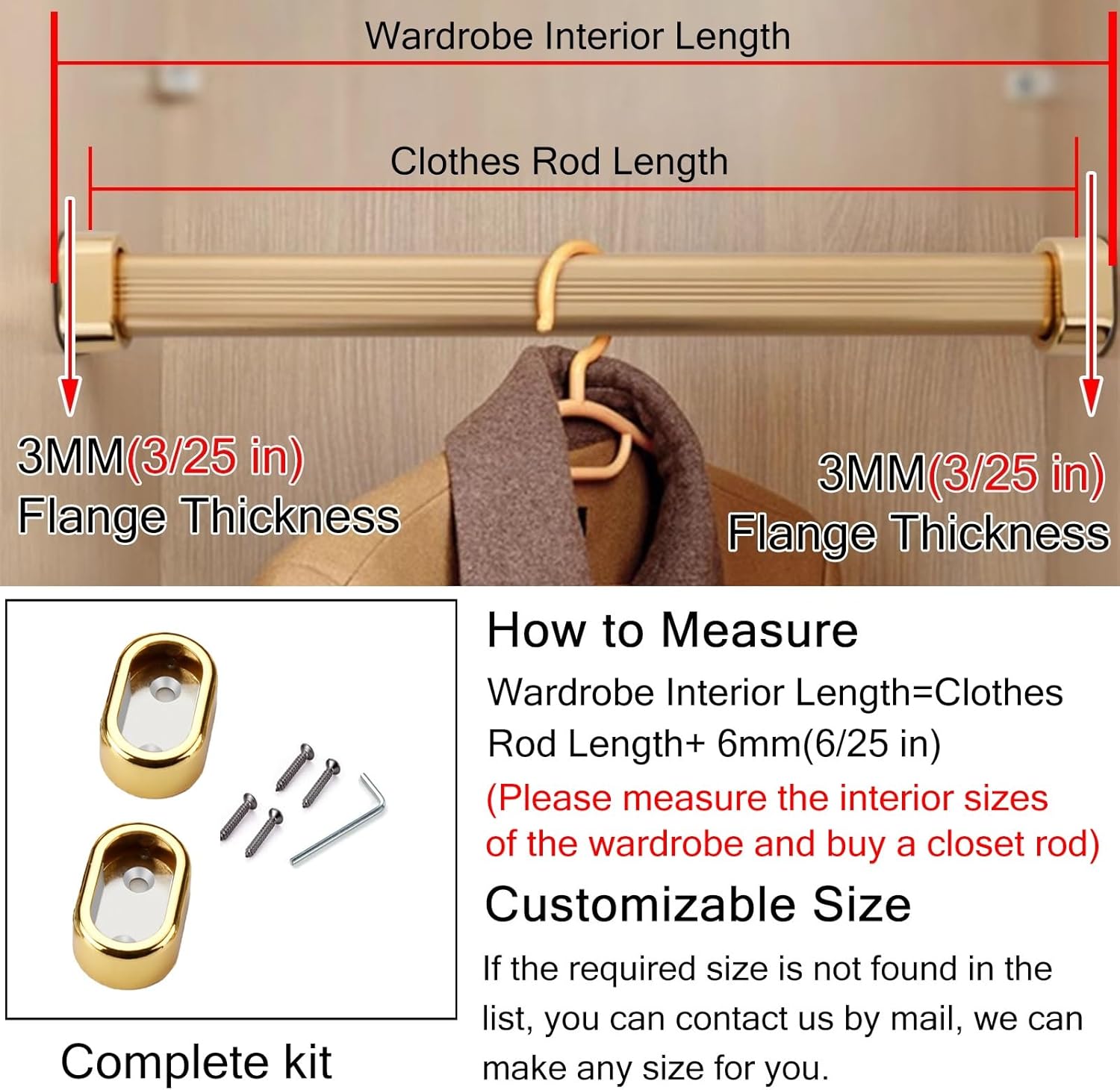 ZAQYCM 2.6mm Thick Heavy Duty Closet Pole Gold, Wardrobe Hanger Bar Kits Wall Mount, Commercial Valet Rod for Retail Store, Hotel Restaurant, Boutique and Bay Window (Size : Closet Width 32