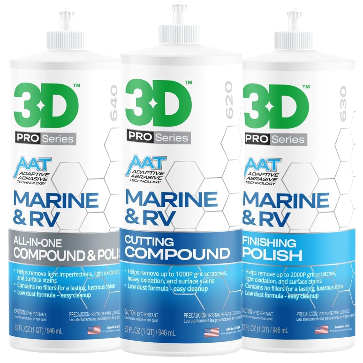 3D Marine & RV Gel-Coat Correction Bundle – Heavy Cut Compound, Finishing Polish & All-in-One Gel-Coat Polish – Professional-Grade Correction, Shine & Protection – 32oz Each
