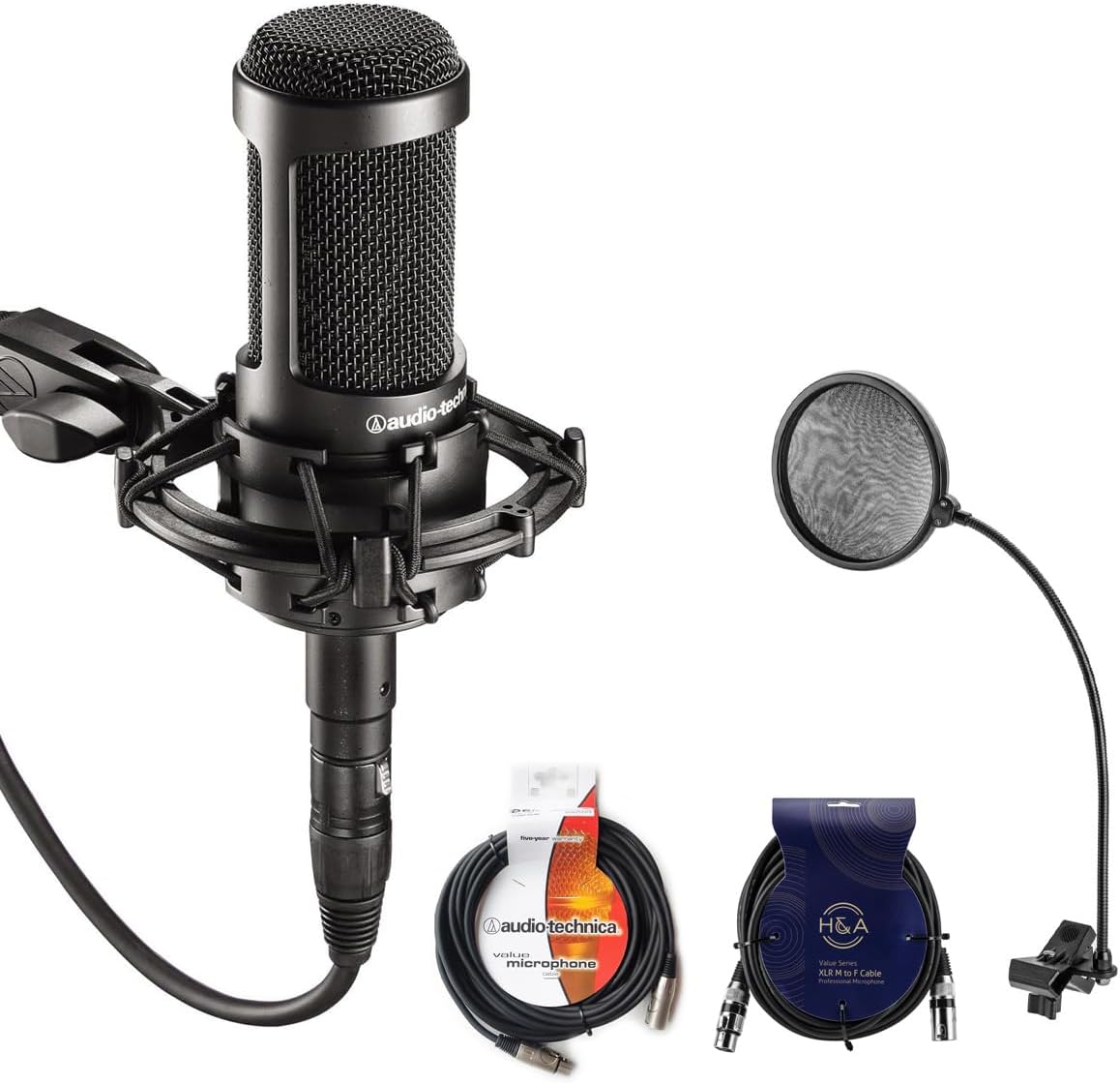 Audio-Technica AT2035 Cardioid Condenser Side-Address Microphone, 20Hz to 20kHz Frequency Response, - Bundle with On-Stage Broadcast Boom Arm with XLR Cable, Samson PS04 Pop Filter, 20' XLR Mic Cable