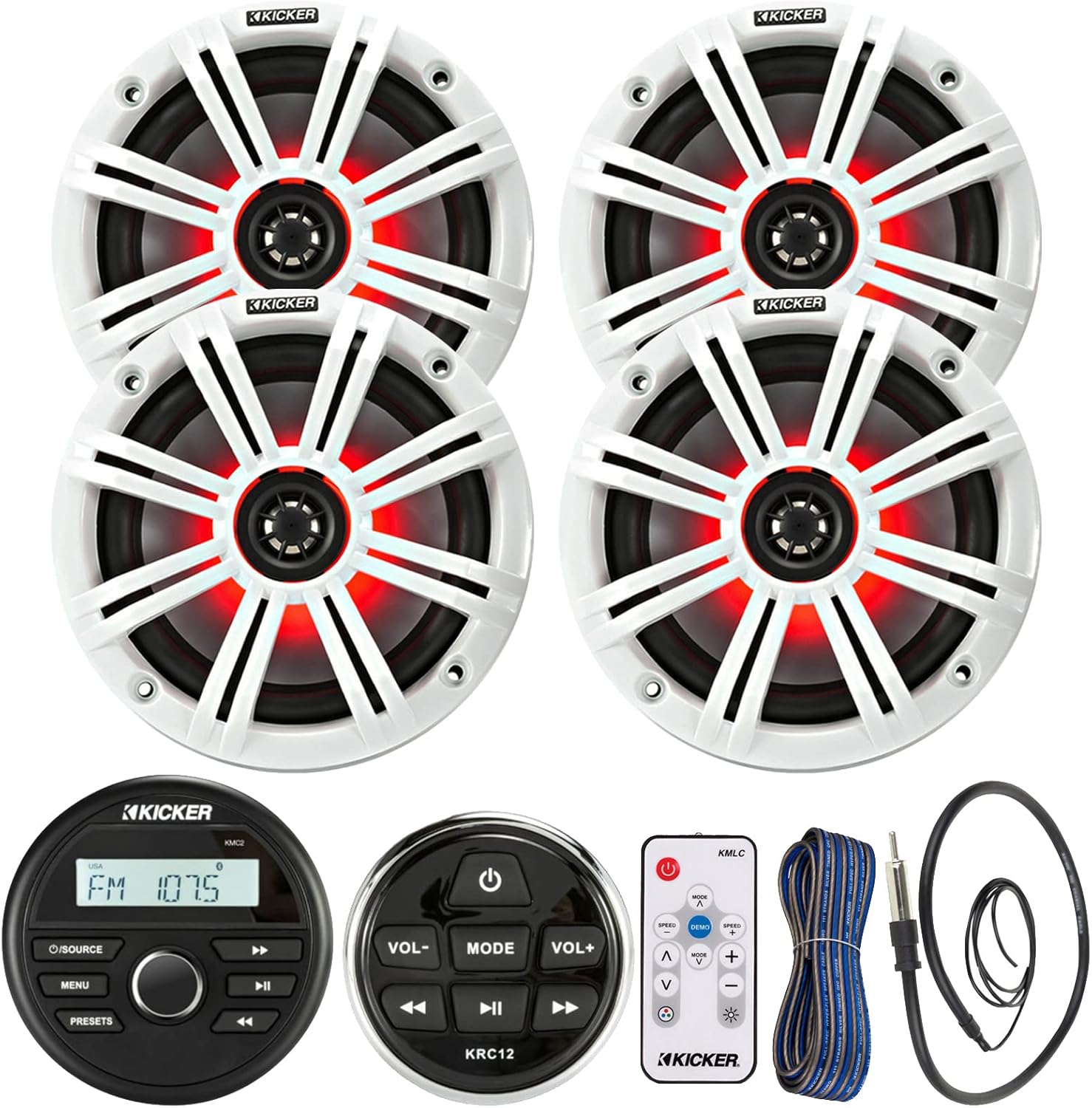 Kicker All-Weather Marine Gauge Style Bluetooth USB Stereo Receiver Bundle with Wired Remote, 4X 6.5 2-Way 195W Max Coaxial Marine LED Speakers w/Remote, White Grilles, Wire, Antenna