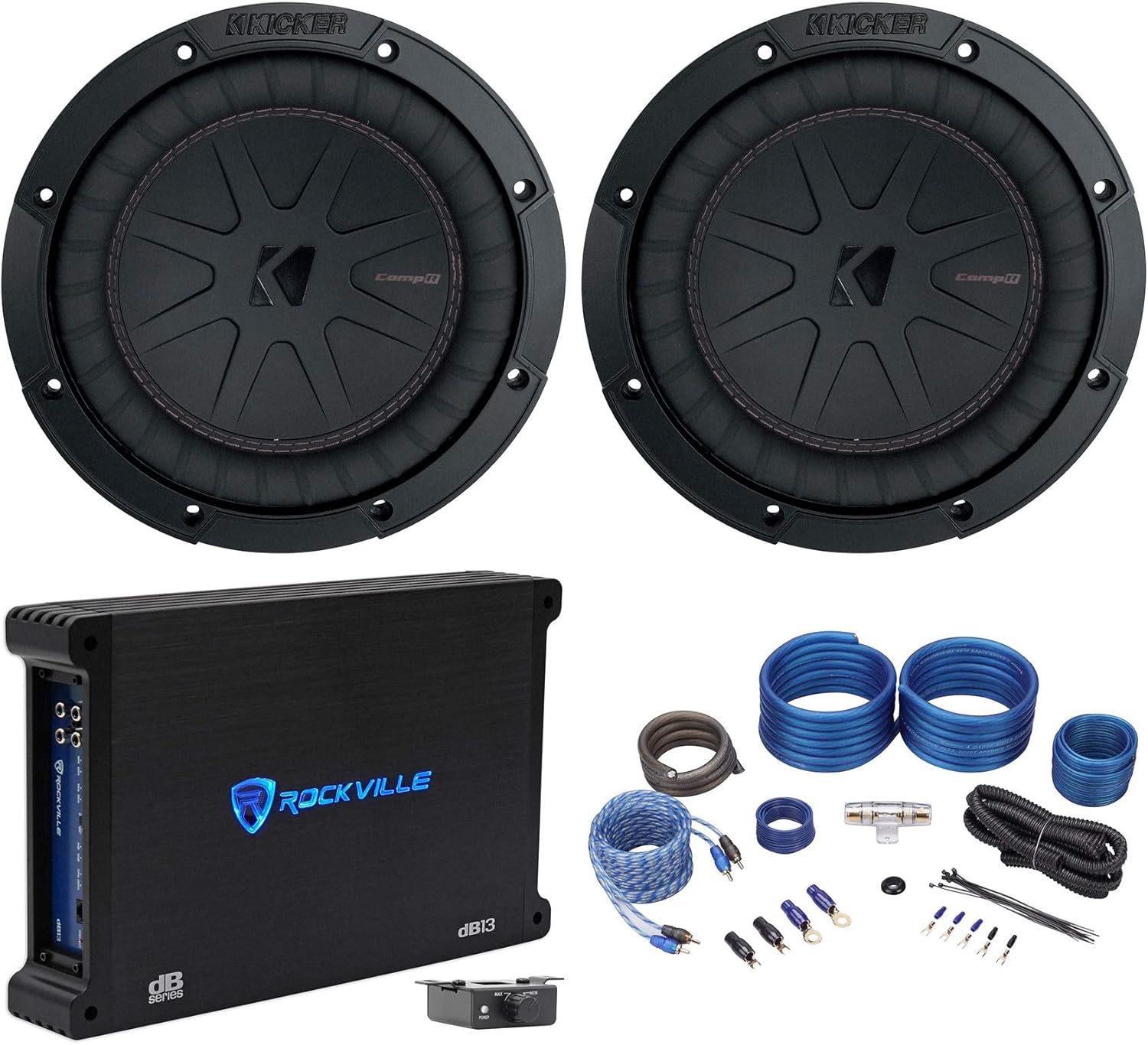 KICKER 48CWR82 COMPR8 8 inches 12000w Car Audio Subwoofers Bundle with Rockville dB13 3000 Watt Peak750w CEA Rated RMS Mono 2 Ohm Amplifier Car Amp, ((2) 48CWR82+dB13+RWK41)