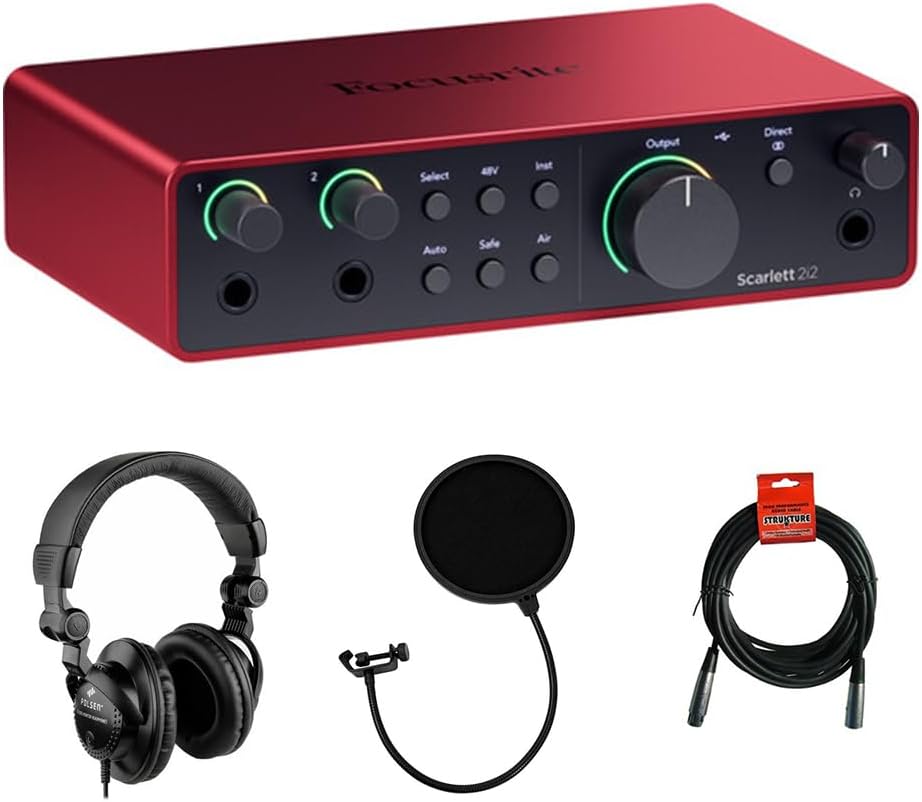 Focusrite Scarlett 2i2 USB-C Audio Interface (4th Gen) Bundle with Polsen HPC-A30 Studio Monitor Headphones, Pop Filter and XLR- XLR Cable