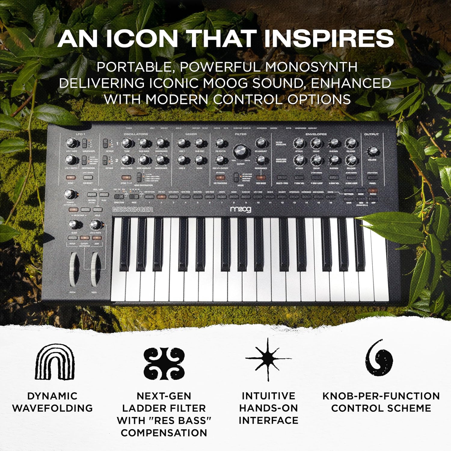 MOOG Messenger - Next-Gen Monophonic Analog Keyboard Synthesizer with 32 Keys, 64-Step Sequencer, 256 Presets and RES BASS Compensation