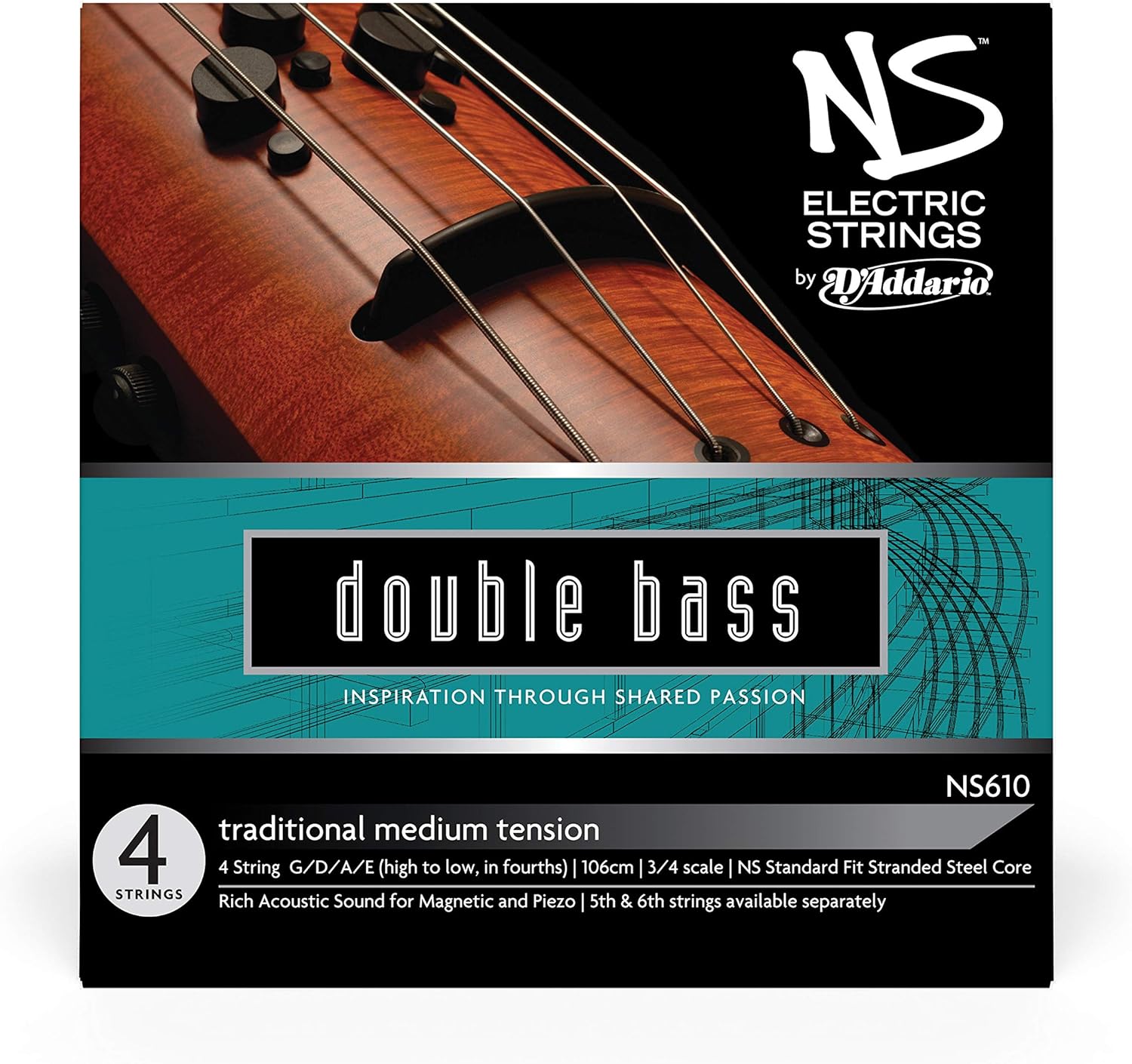 D'Addario NS Electric Traditional Bass String Set, 3/4 Scale, Medium Tension